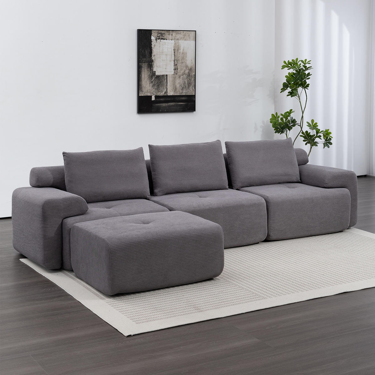 ECKSOFA 305/154/69 cm Dunkelgrau Cord mit 1 Fußhocker - Dunkelgrau, Textil (305/154cm) - Oxeza
