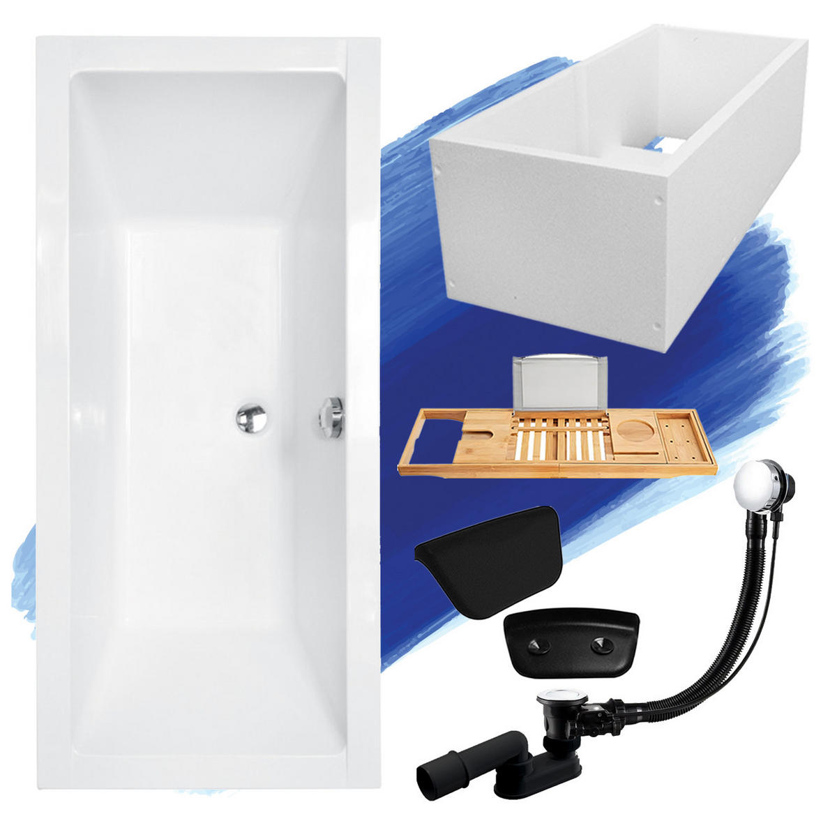 BADEWANNE Rechteck QUADRO 180/80 + Träger + Ablage + Kopfstütze Ablauf Füße - Weiß, Kunststoff (80/55.5/180cm) - bad land