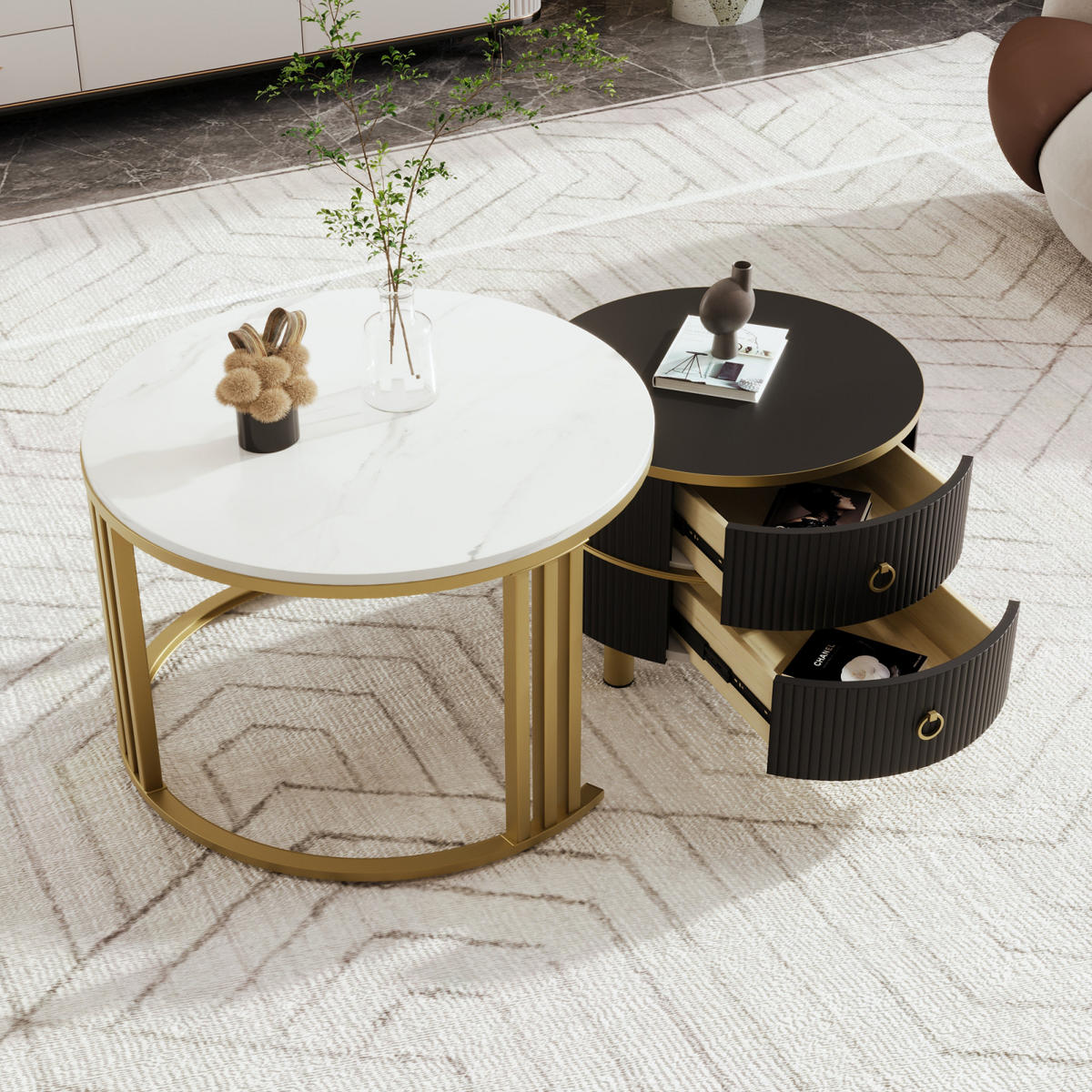 COUCHTISCH-SET Schwarz mit Marmorfurnier und 2 Schubladen - Schwarz, Metall (70/70/46cm)
