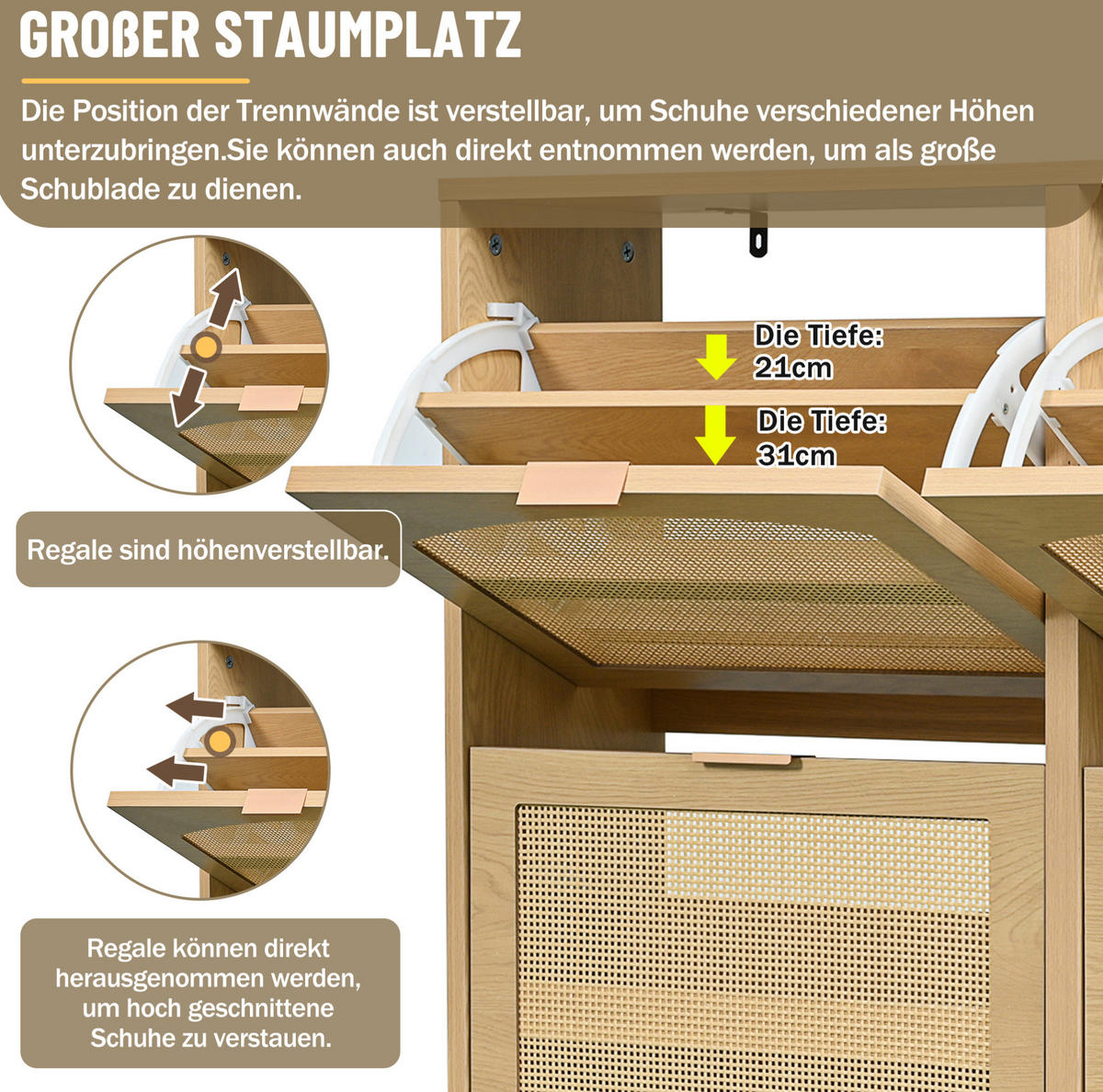 SCHUHSCHRANK 100/25/90 cm in Eichefarben mit 4 Klappen und Rattanfront - Naturfarben, Holzwerkstoff (100/90/25cm) - Flora Grace