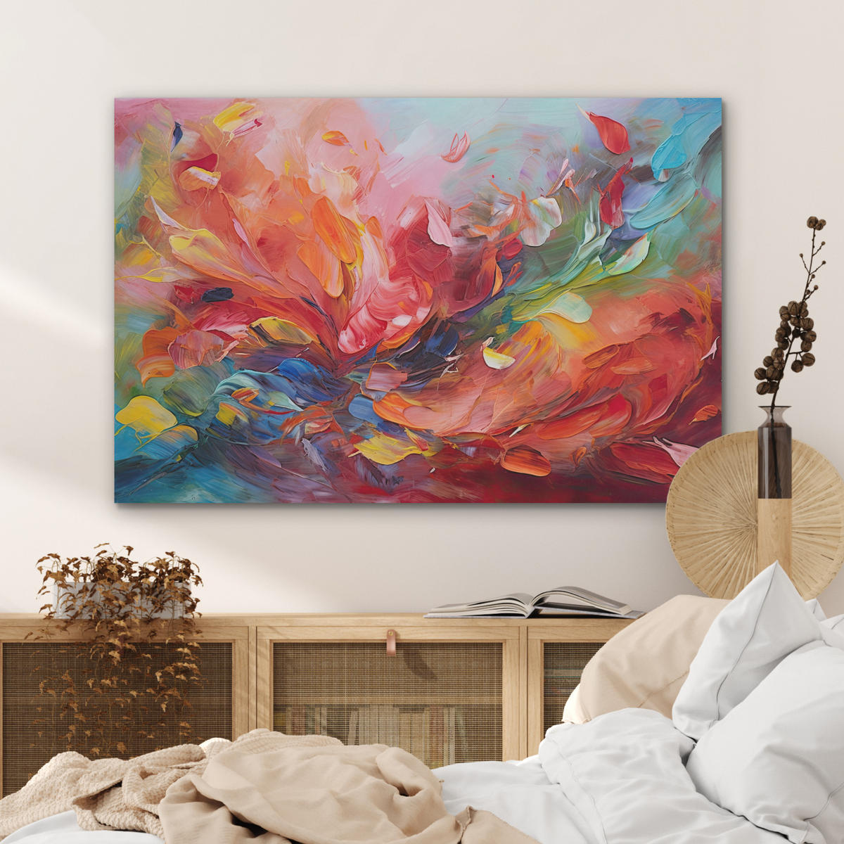 AKUSTIKBILD Ölgemälde - Kunst - Abstrakt - Farbenfroh Wandbild Wohnzimmer 100x70 cm - Altrosa, Textil (100/70/0.9cm) - MuchoWow