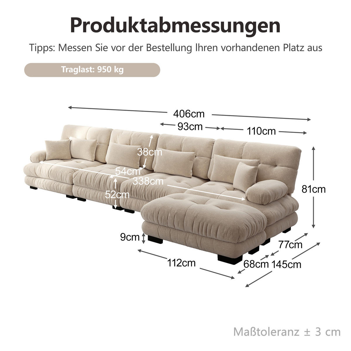 ECKSOFA 406/145/81 cm Hellbraun mit beweglichem Ottoman - Braun, Textil (406/145cm) - Oxeza
