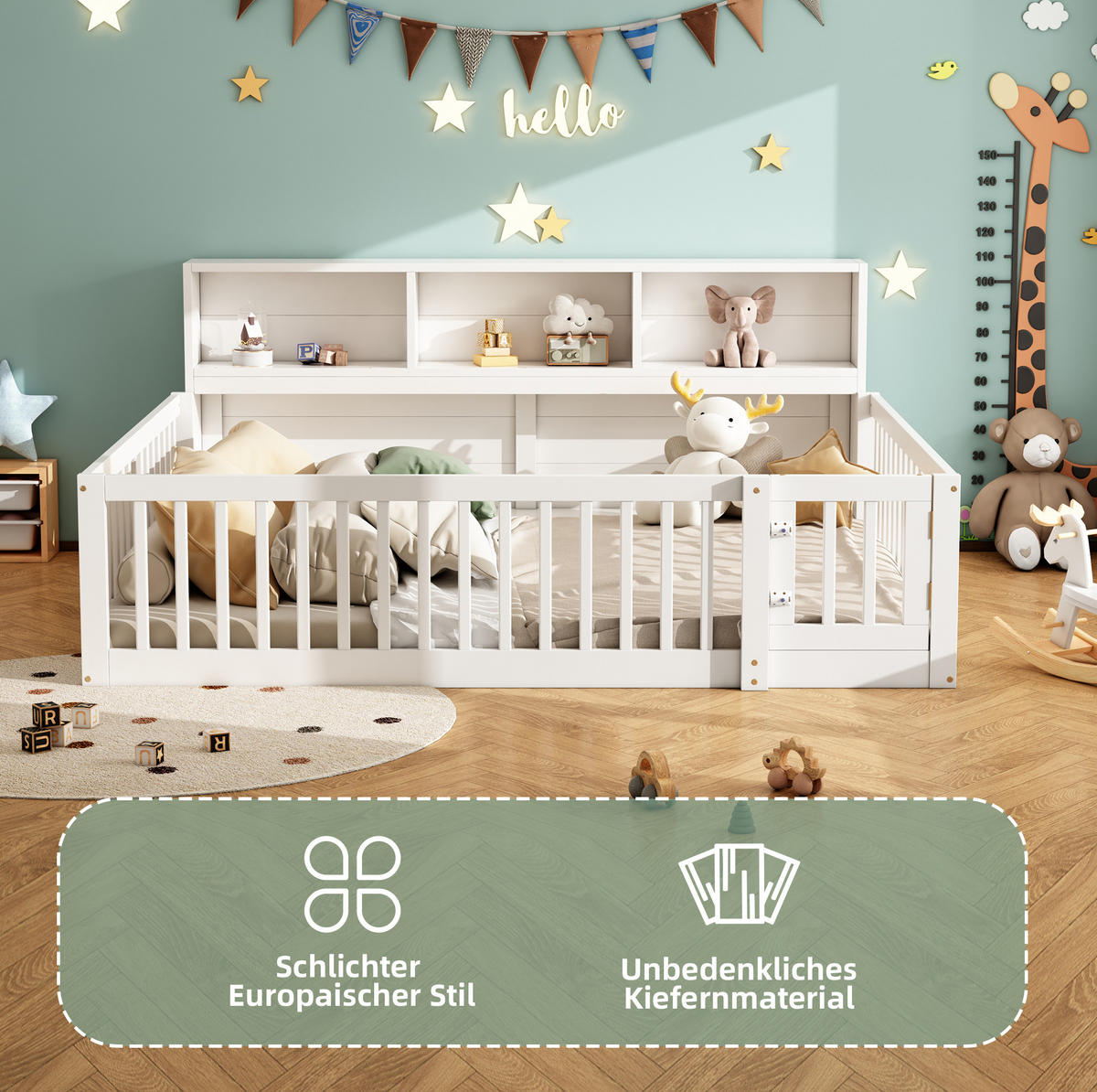 KINDERBETT 140/200 cm aus Kiefer mit Lattenrost, Ablagefächern und klappbarem Geländer, Weiß - Weiß, Holzwerkstoff (140/200cm) - Redom