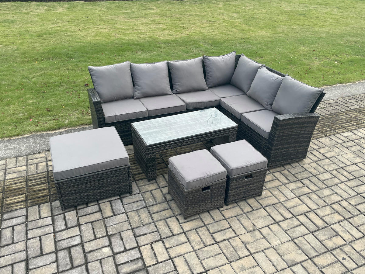 GARTENSOFA SET Hohe Rückenlehne Polyrattan Dunkelgrauer Mix 9-Sitzer - Dunkelgrau/Grau, Glas/Kunststoff - Fimous