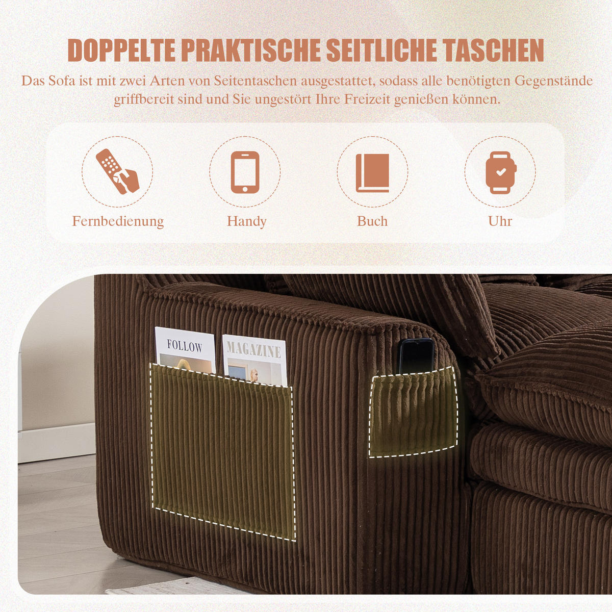 3-SITZER ECKSOFA Cord Braun mit Kissen, Hocker und Seitentaschen - Braun, Textil (263/167cm) - WISHDOR