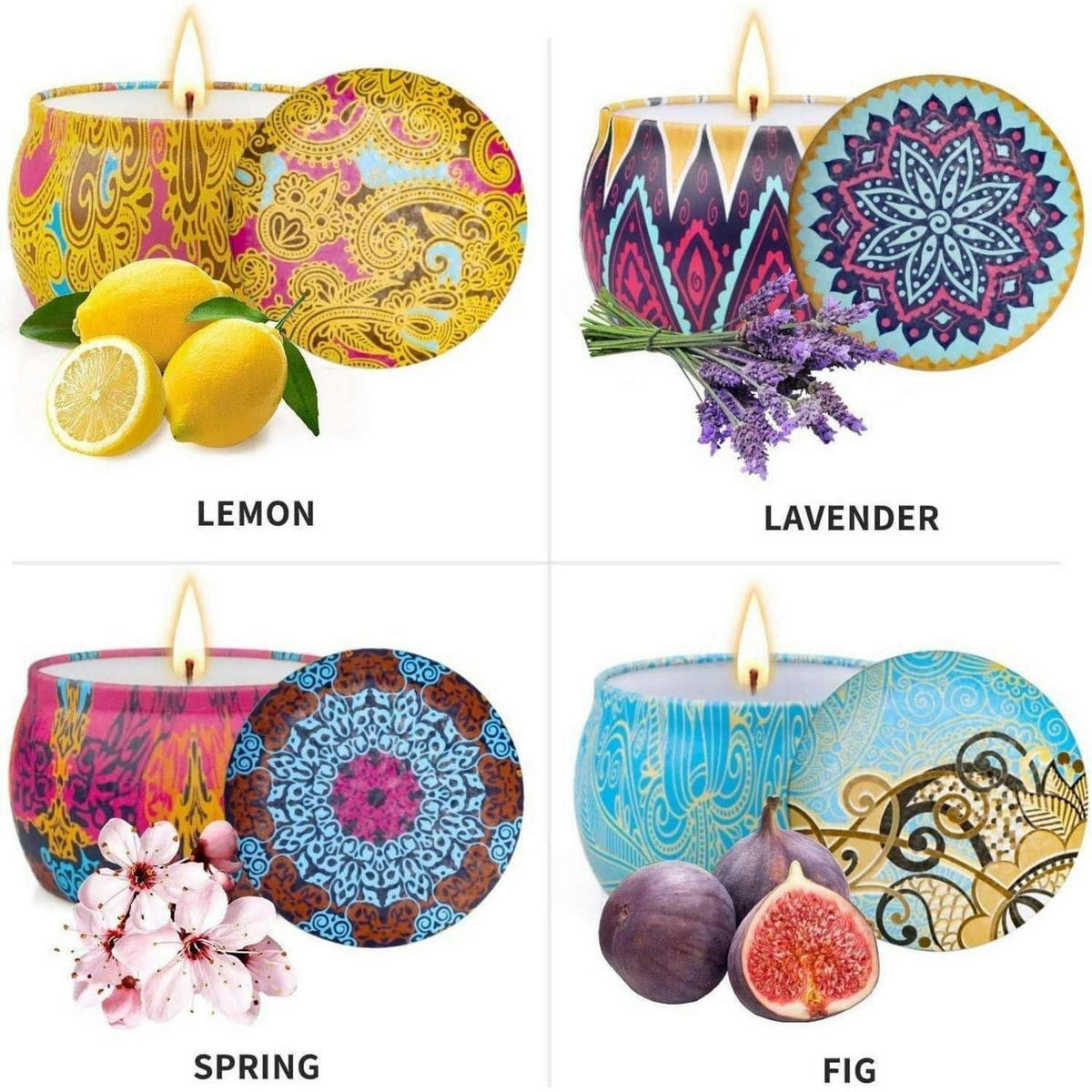 DUFTKERZEN 4er Set Sojawachs Geschenkset Rose Lavendel Zitrone Feige - Multicolor, Paraffin (5.3cm)
