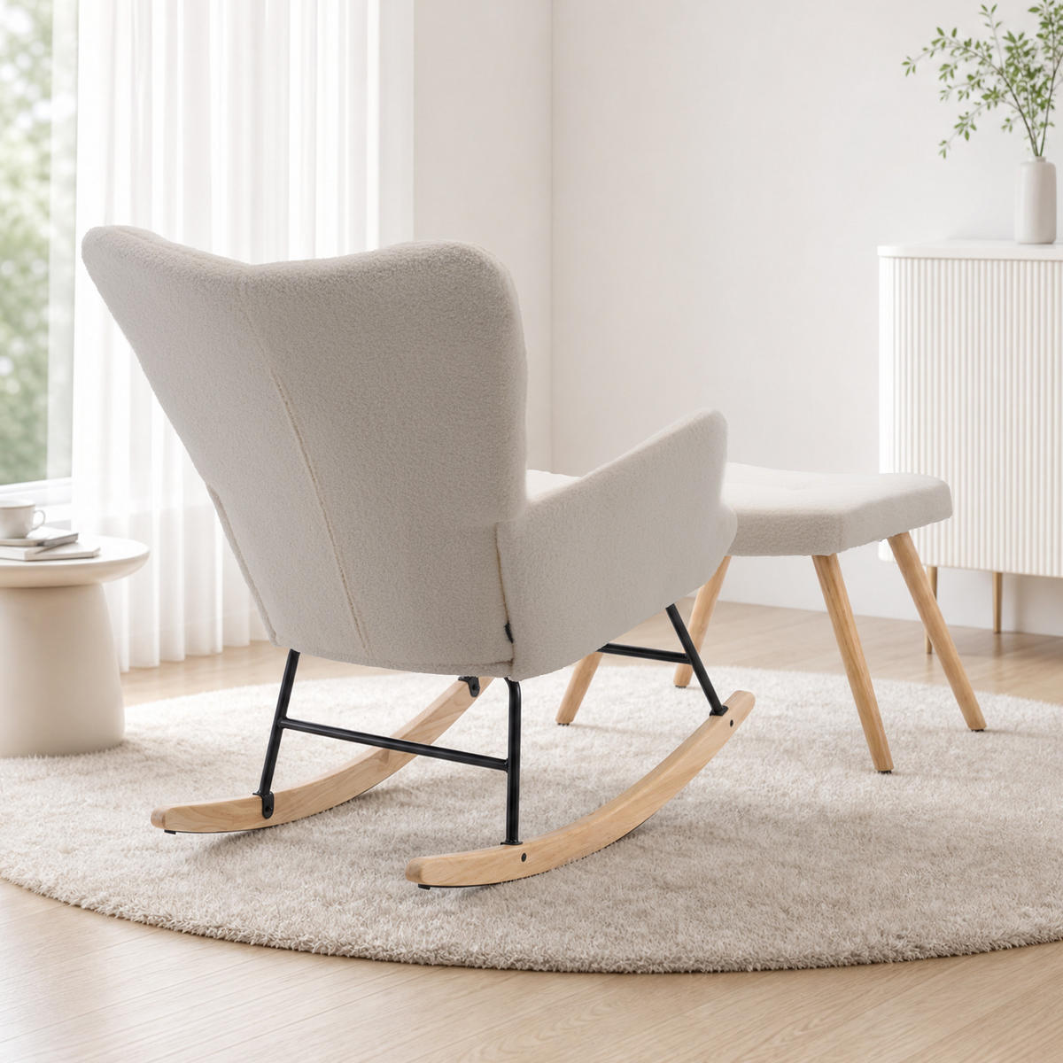 SCHAUKELSTUHL wohnzimmer mit hocker und verdicktem Sitzkissen ,Bodenschutzleiste, beige - Beige, Holzwerkstoff/Textil (68/91/88cm) - STILVORA