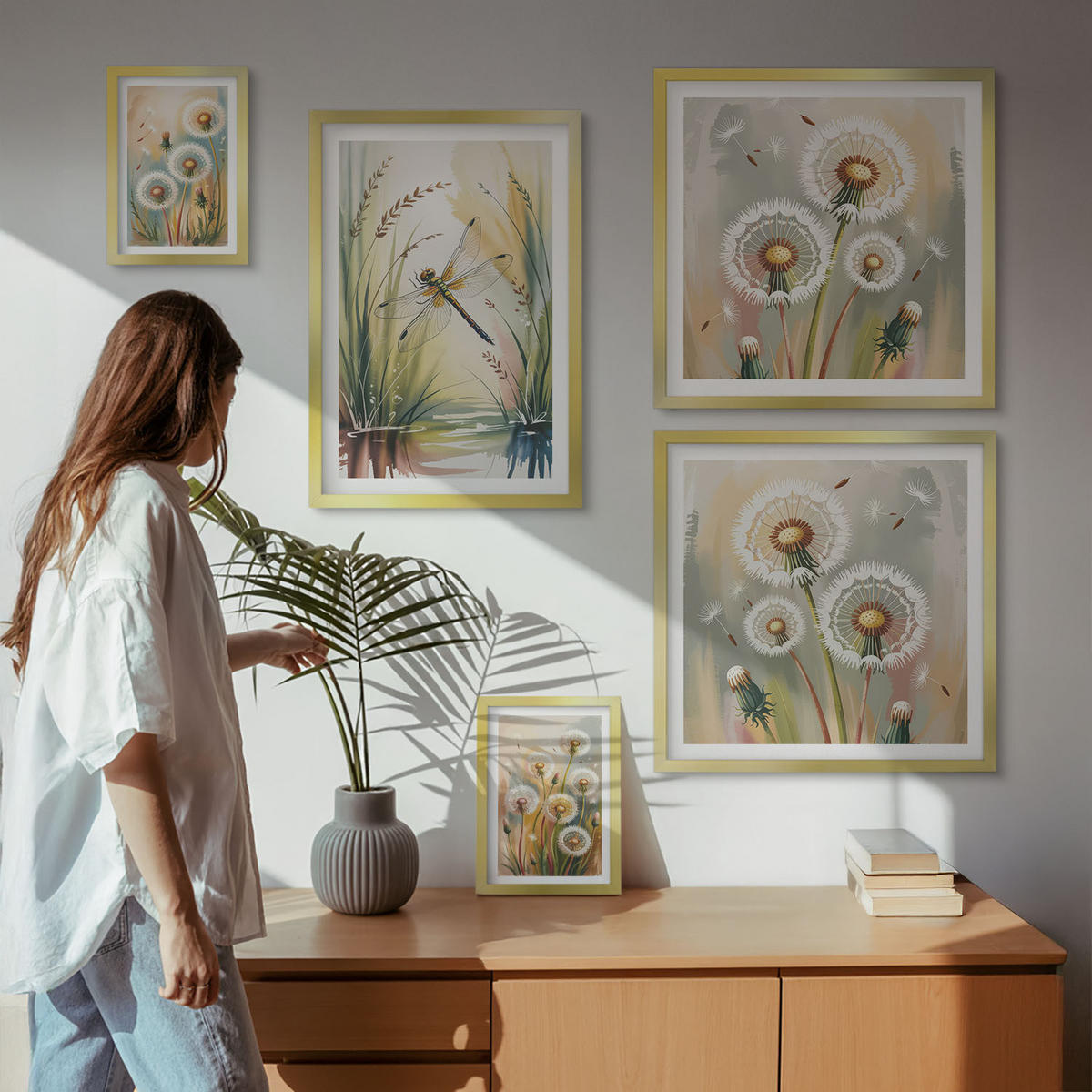 WANDBILDER 5er Set - 50x50 cm & 20x30 cm & 40x60 cm Goldrahmen - Pastellfarbene Löwenzahnblüten - Goldfarben, Kunststoff (40/60cm) - ArtPrintCave