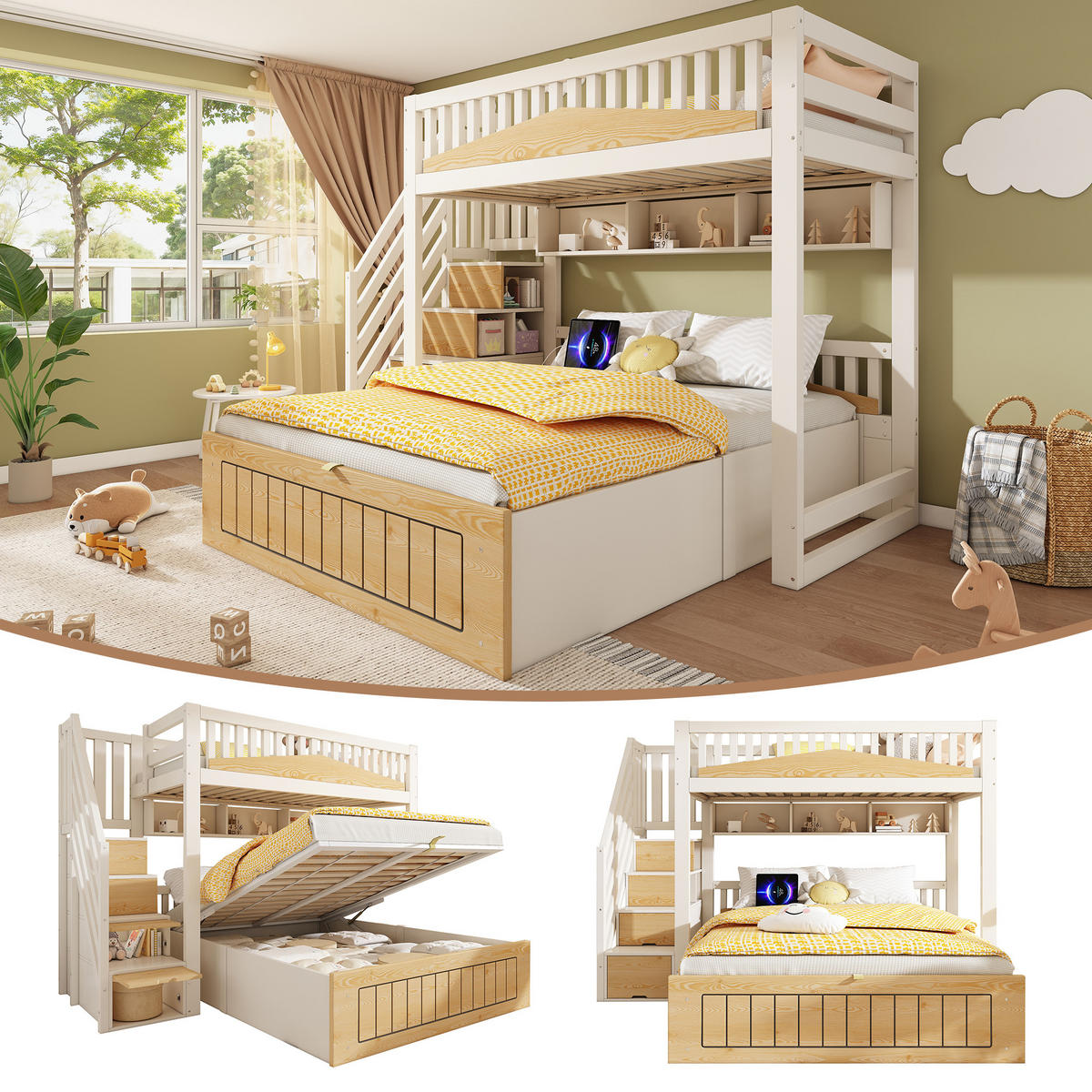 ETAGENBETT 90/200 & 140/200 cm DE-00906, in Weiß & Natur, Hydraulik und Treppenschrank - Weiß, Holz (90/200cm) - ComfortXL