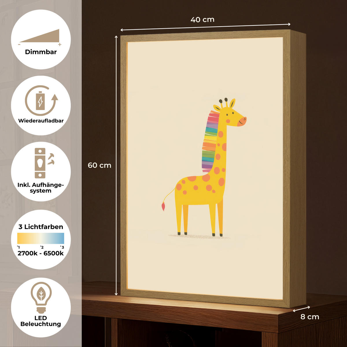 NÁSTĚNNÁ LAMPA S AKUMULÁTOREM Žirafa - Duhová hříva - béžová 40x60 cm - béžová, kompozitní dřevo (40/60/8cm) - OnlyWow