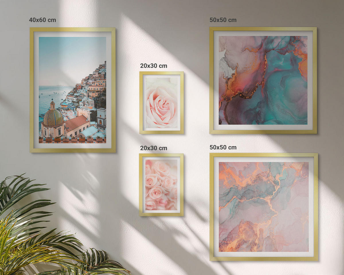 BILDER SET 5er Set - 50x50 cm & 20x30 cm & 40x60 cm Goldrahmen - Abstrakte Pastellmuster - Goldfarben, Kunststoff (40/60cm) - TULUP