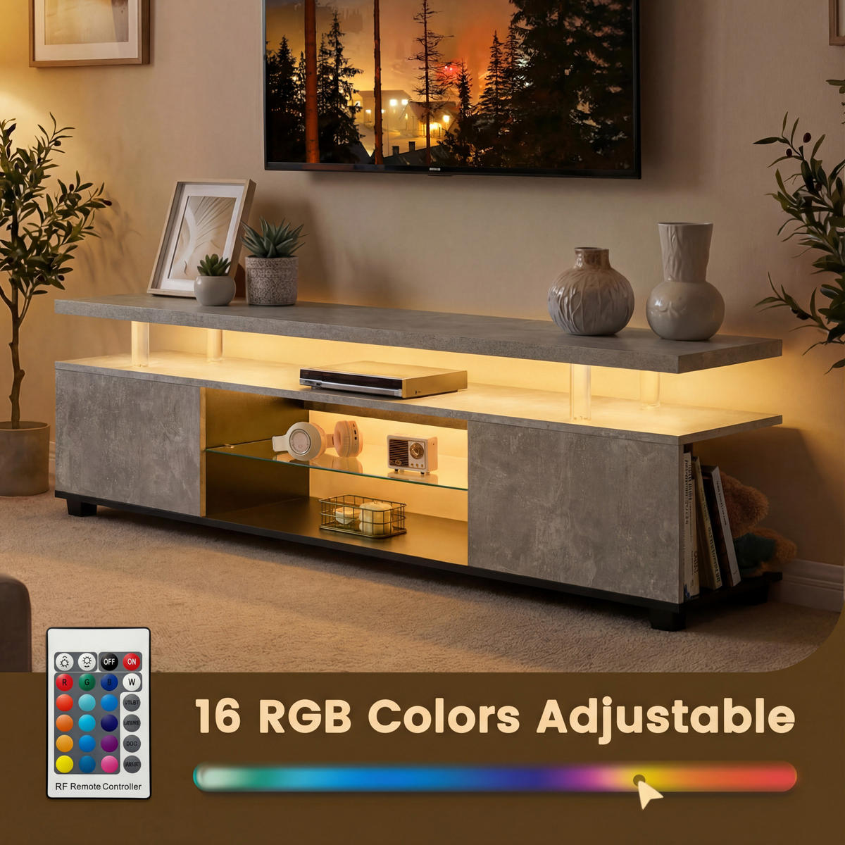 TV-LOWBOARD aus Holzwerkstoff 130x40x48 cm Grau/Schwarz mit LED-Beleuchtung, offenen und geschlossenen Fächern - Schwarz, Holzwerkstoff (130/48/40cm) - Modfu