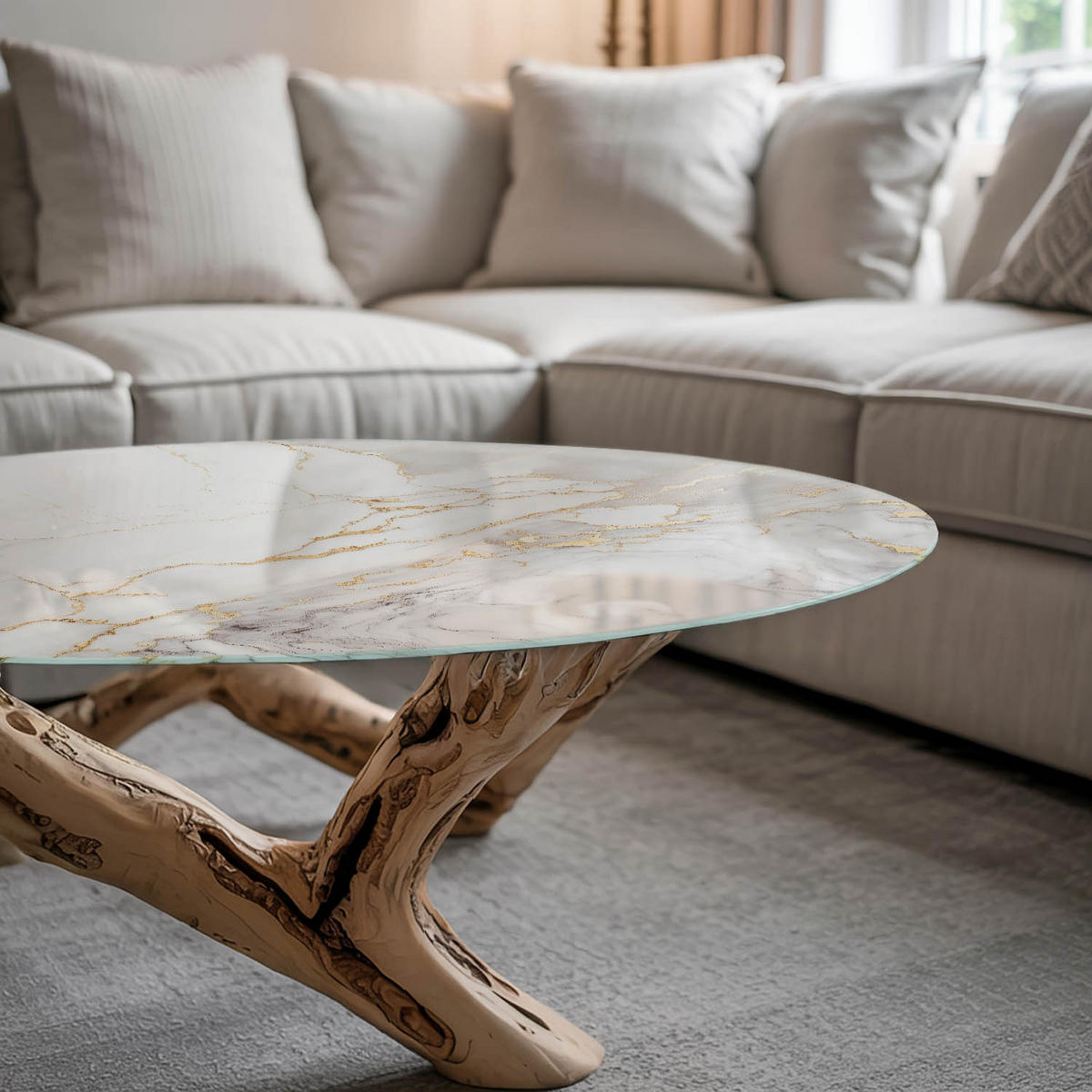 TISCHPLATTE Ø70 cm Eleganter Marmor mit Adern Rund - Goldfarben/Weiß, Glas (70/70/0.4cm) - TULUP