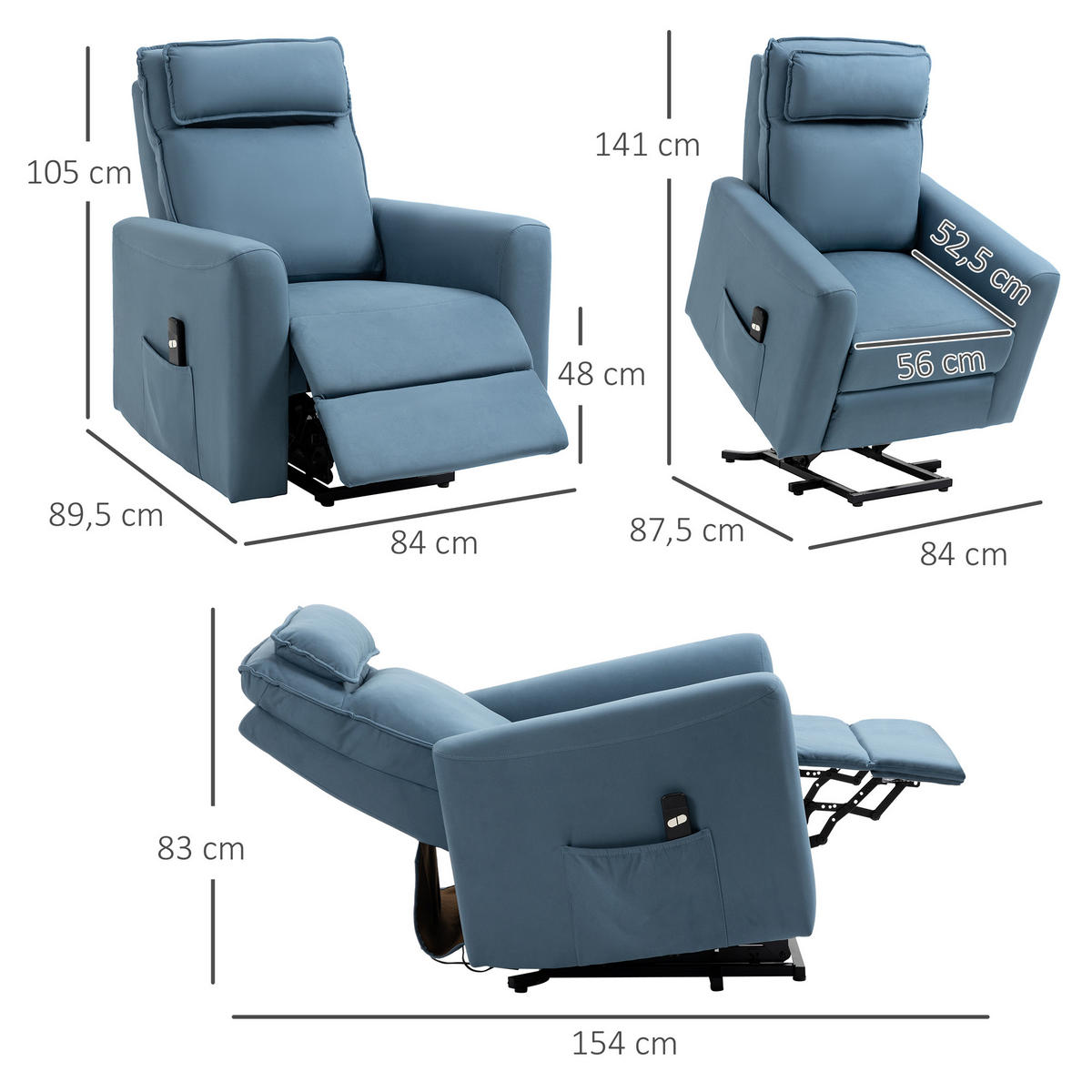 SESSEL mit Aufstehhilfe, Samt Stahl Blau - Blau, Textil (89.5/105/84cm) - HOMCOM
