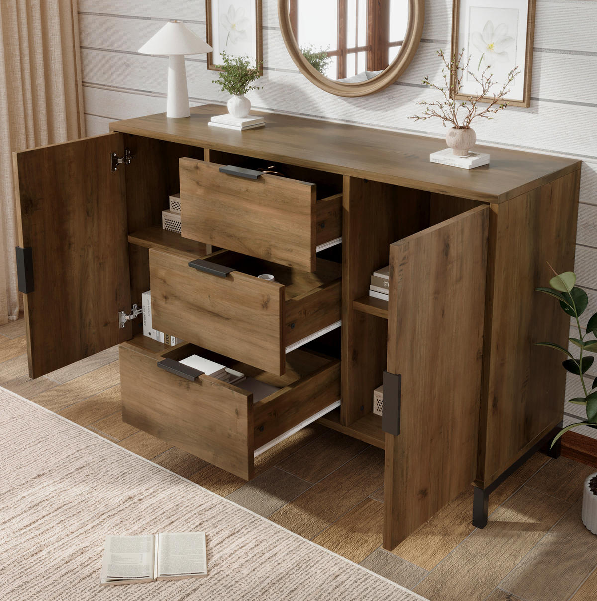 KOMMODE 120/40/76 cm aus Spanplatte mit höhenverstellbarem Fachboden Dunkle Eiche - Nussbaumfarben, Holzwerkstoff (120/76/40cm) - Modenvie