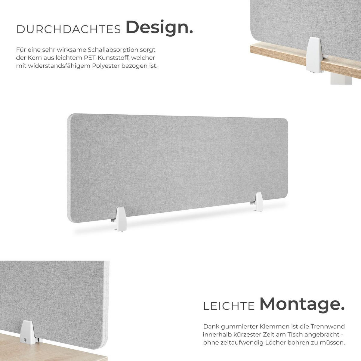 TRENNWAND für Schreibtisch Noisy,inkl. 2 Befestigungsklemmen,grau - Grau, Kunststoff (2.2/160/40cm) - tectake