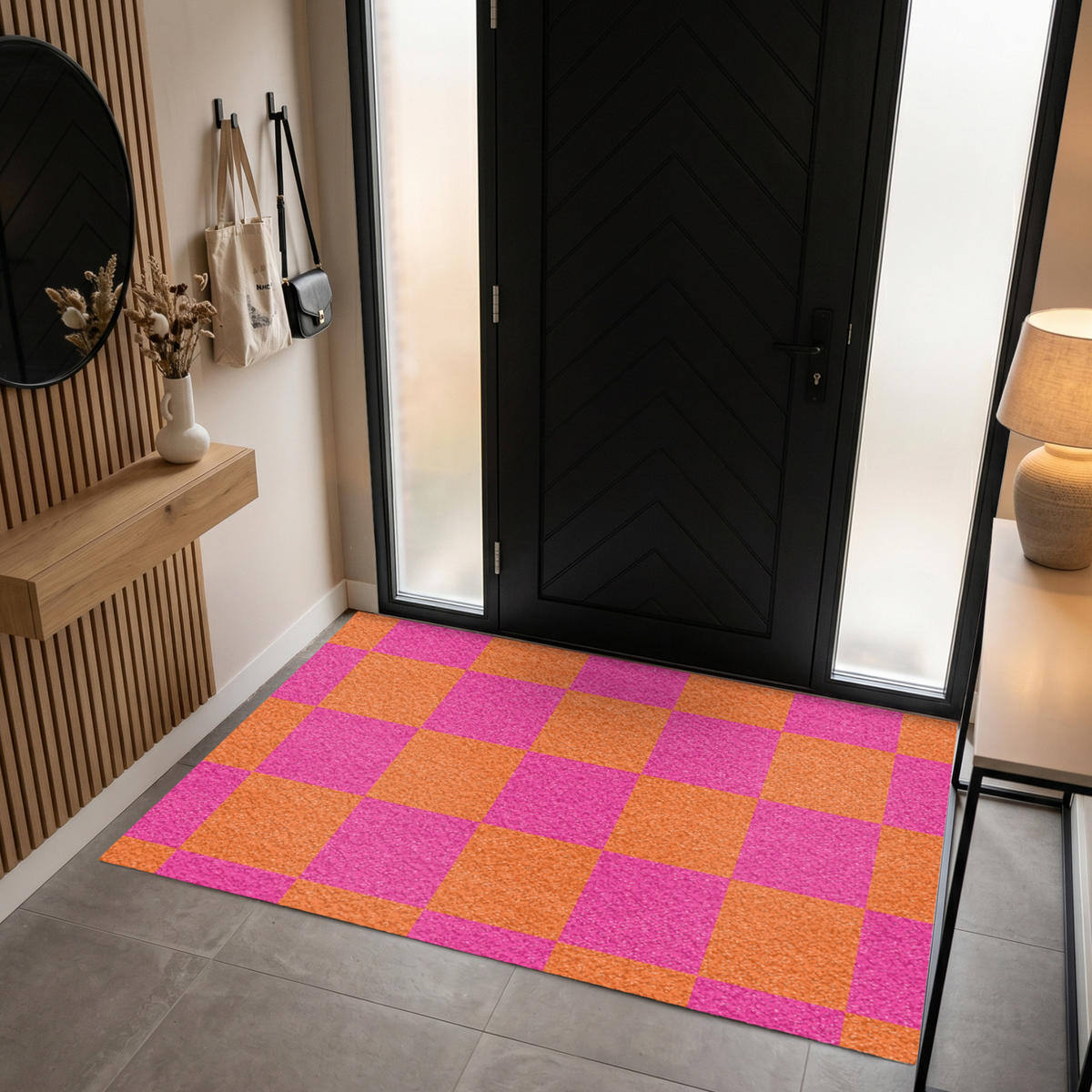 FUSSMATTE Schachbrettmuster - Orange - Rosa - Blöcke Schmutzfangmatte 180x120 cm - Pink, Kunststoff (180/120cm) - MuchoWow