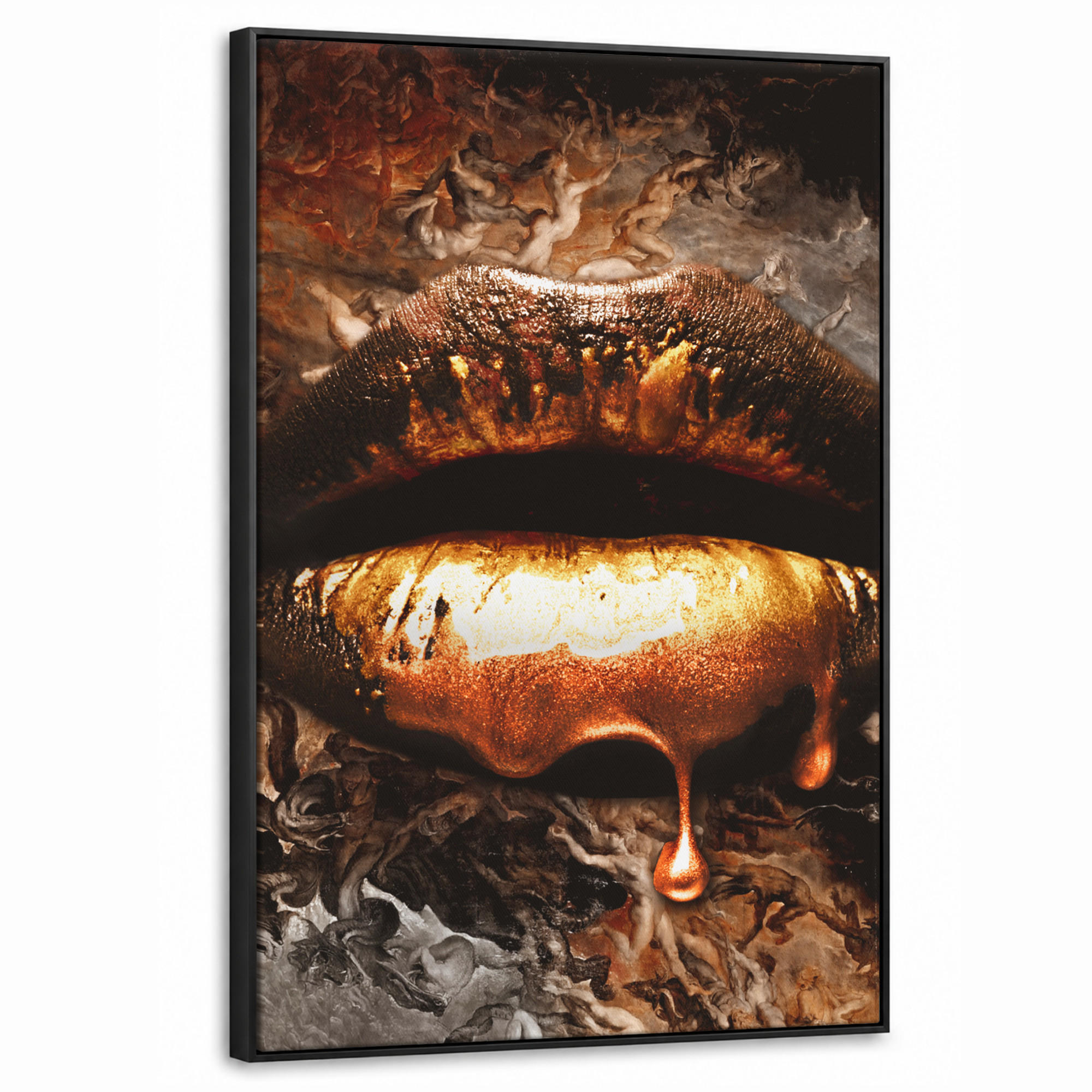 LEINWAND Bilder mit Rahmen - Gold - Lippen - Kunst - Gold - Luxus - Abstrakt - 60x90 - Kupferfarben, Textil (60/90cm) - MuchoWow