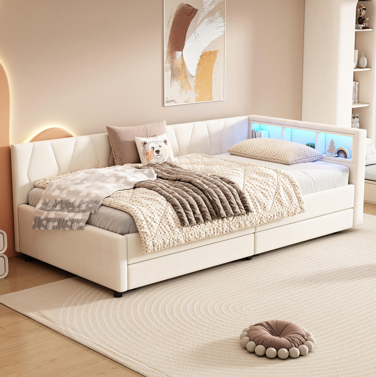 POLSTERBETT mit LED-Beleuchtung 90/200 cm – mit USB-C, Schubladen und Ablagefächern - Beige, Textil (90/200cm) - BEAOK