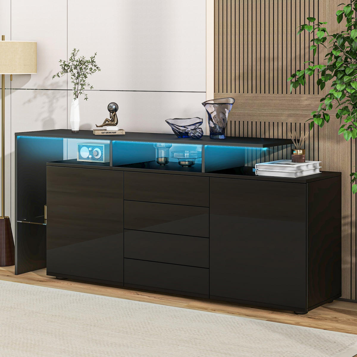 SIDEBOARD mit LED 160 cm Schwarz Hochglanz - Schwarz, Holzwerkstoff (160/70/35cm) - Meubliv