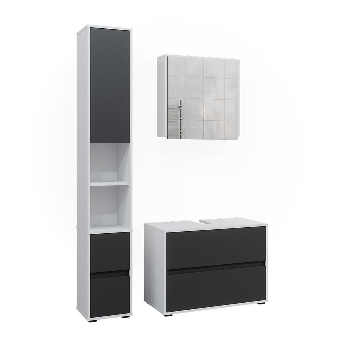 BADMÖBEL-SET Maltin Weiß/Anthrazit 3 Teile, mit Hochschrank - Anthrazit/Weiß, Holzwerkstoff (80/58/40cm) - Vicco