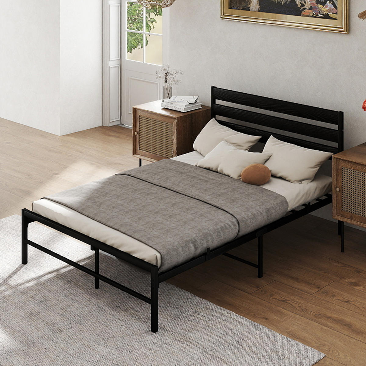 METALLBETT 140x200 cm Schwarz mit komfortablem Kopfteil, stabiler Konstruktion - Schwarz, Metall (140/200cm) - Modfu