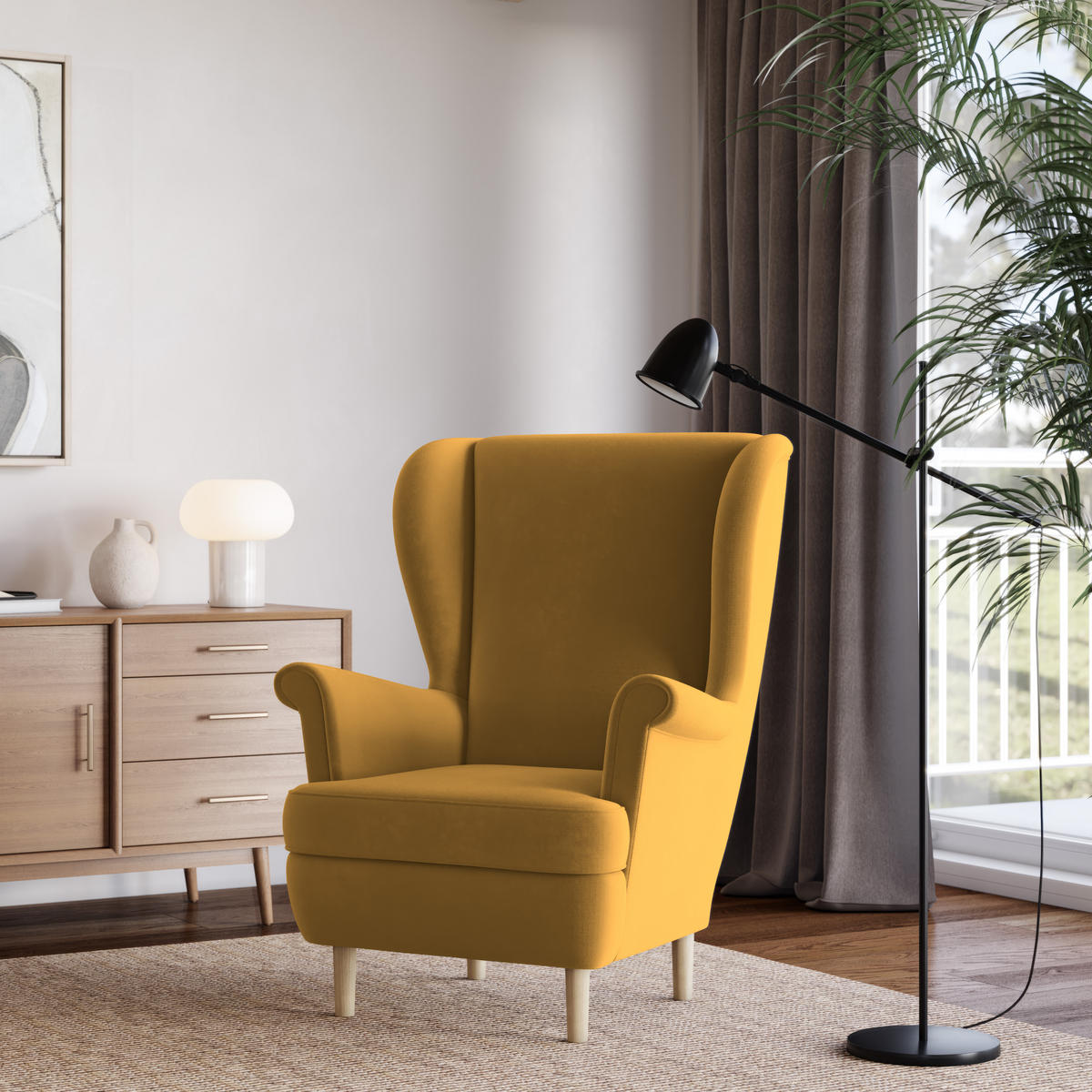 SESSEL LENTIO Ohrensessel Polstersessel, Gelb - Gelb, Holz/Holzwerkstoff (75/103/75cm) - MASSENO