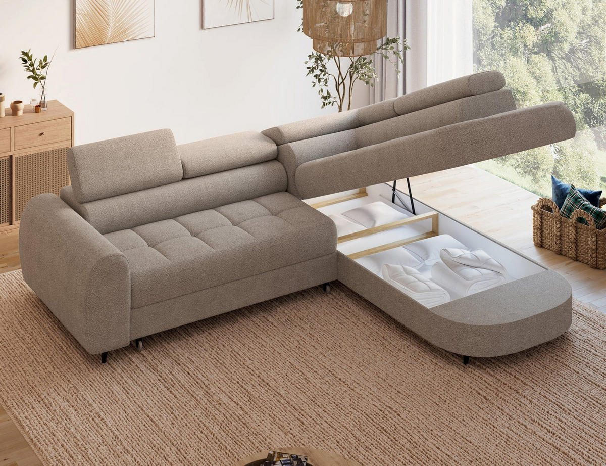 ECKSOFA Vesteria mit Schlaffunktion und Bettkasten – Modernes Design, verstellbare Kopfstützen und hoher Sitzkomfort - Beige, Kunststoff (279/72cm) - Wohnideebilder
