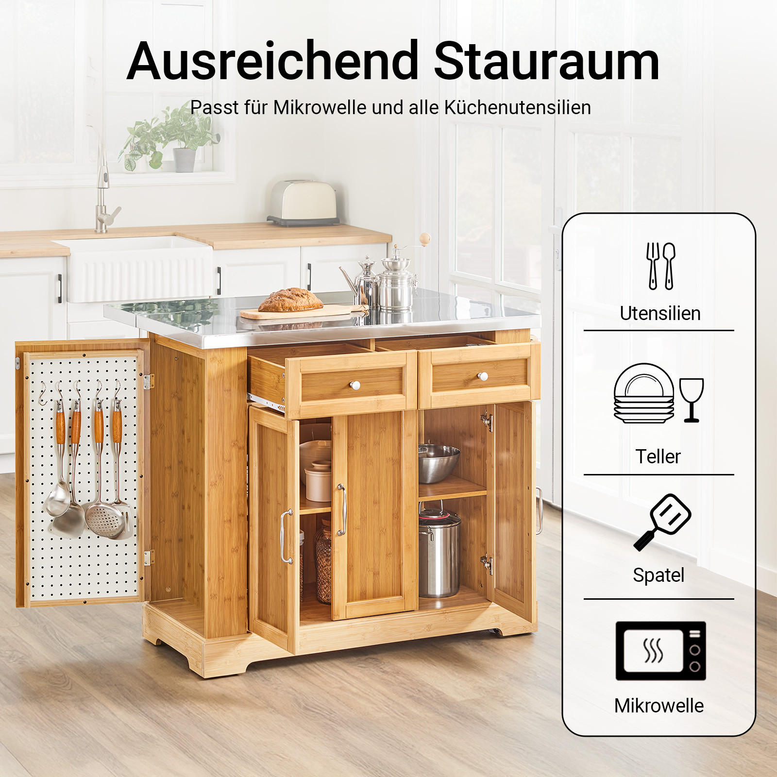 KÜCHENINSEL auf Rollen, Bambus, 107x92,5x(46–71) cm - Naturfarben, Holz/Holzwerkstoff (107/92.5/71cm) - SoBuy