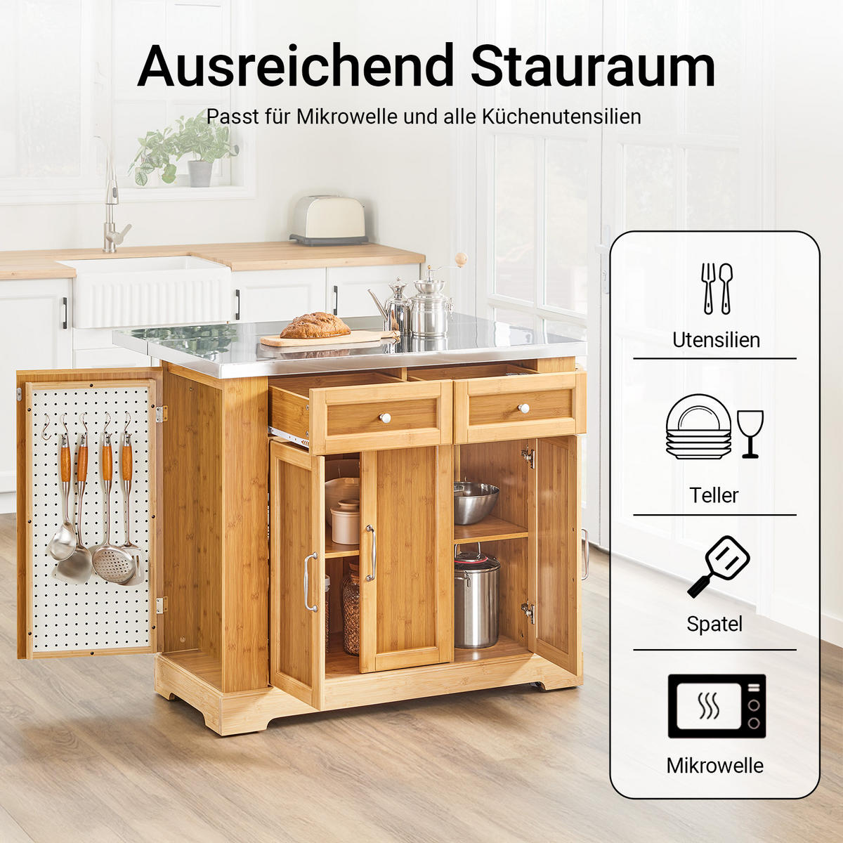 KÜCHENINSEL auf Rollen, Bambus, 107x92,5x(46–71) cm - Naturfarben, Holz/Holzwerkstoff (107/92.5/71cm) - SoBuy