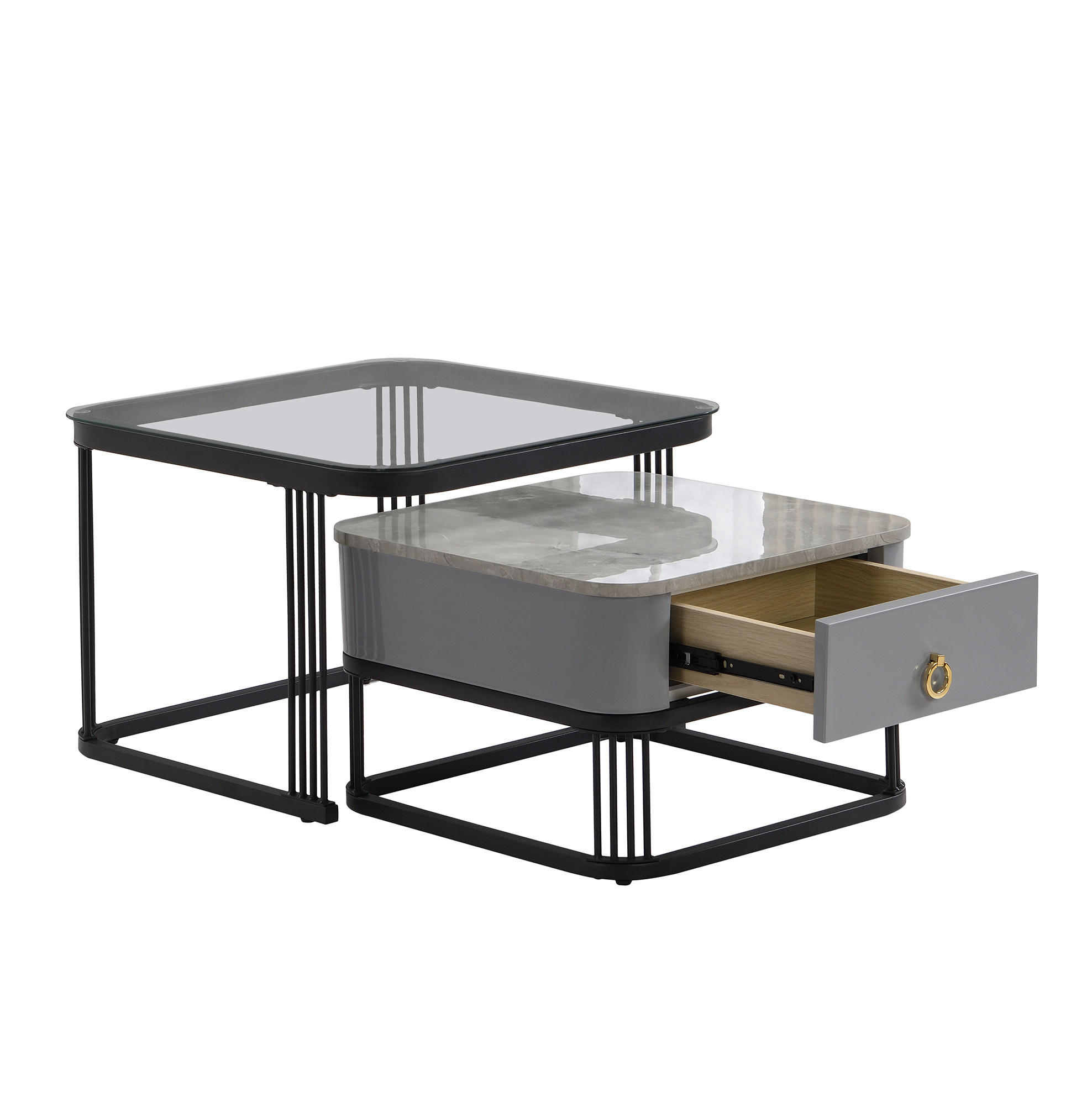 Modfu SADA konferenčních stolků z MDF 60x60x44,5 + 50x50x34,5 cm černá/šedá se zásuvkami a skleněnou deskou