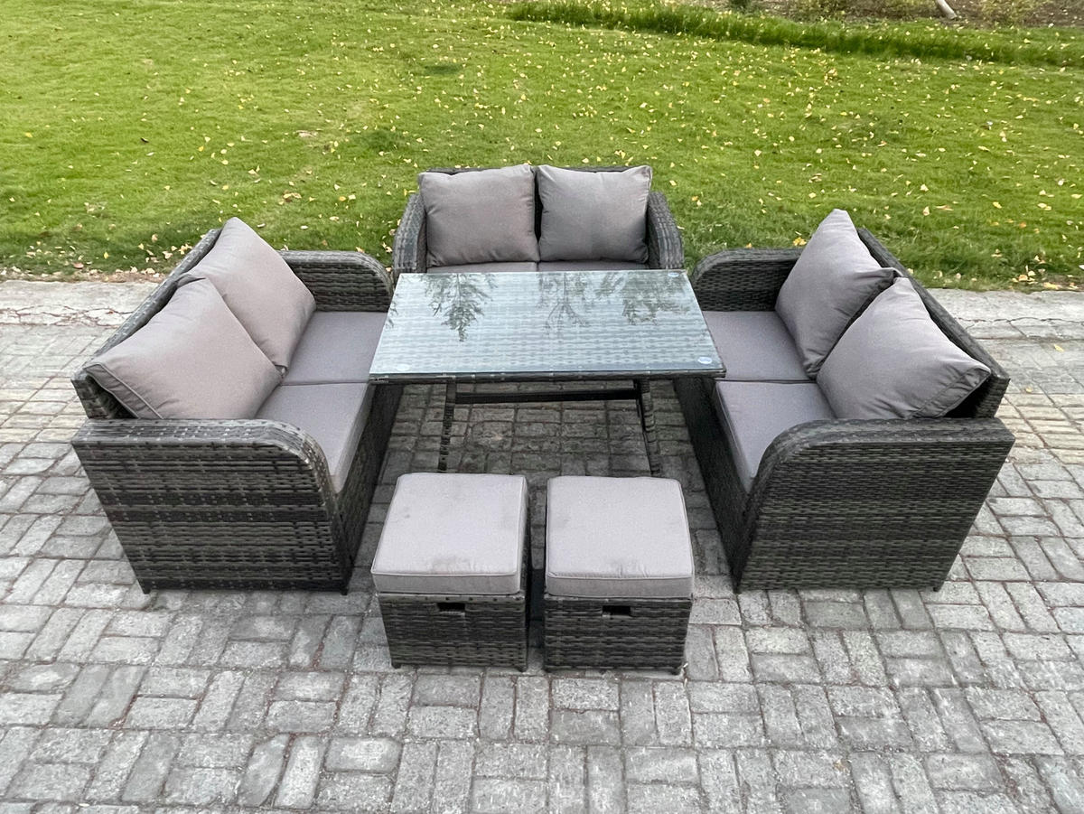 GARTENMÖBELSET mit ESSTISCH,SOFA Polyrattan 8-Sitzer - Dunkelgrau/Grau, Glas/Kunststoff - Fimous