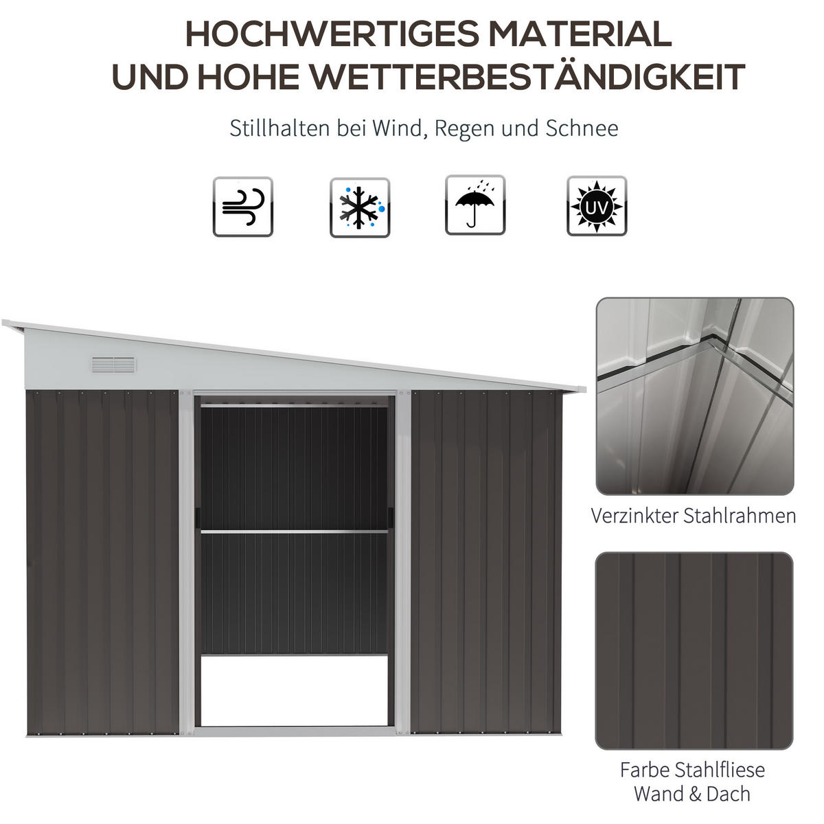 SCHIEBETÜR, 8,9 ㎡ Gerätehaus Stahl-Geräteschuppen mit Pultdach, Gartenschuppen, Grau - Grau, Metall (345/201/280cm) - Outsunny