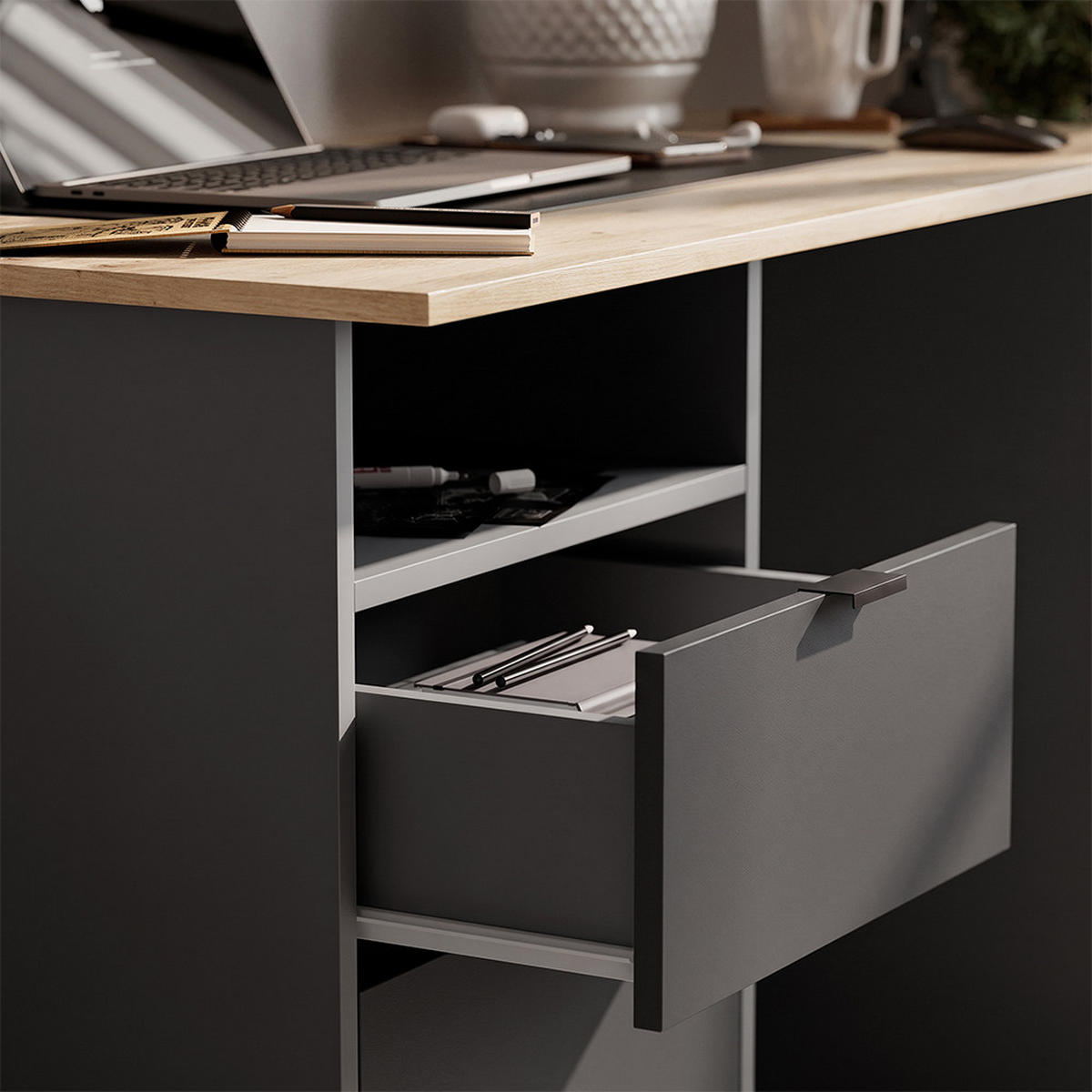 SCHREIBTISCH Meiko Anthrazit/Artisan 105 x 50 cm mit Schubladen - Anthrazit/Eiche Artisan, Holzwerkstoff (50/105/76.5cm) - Vicco