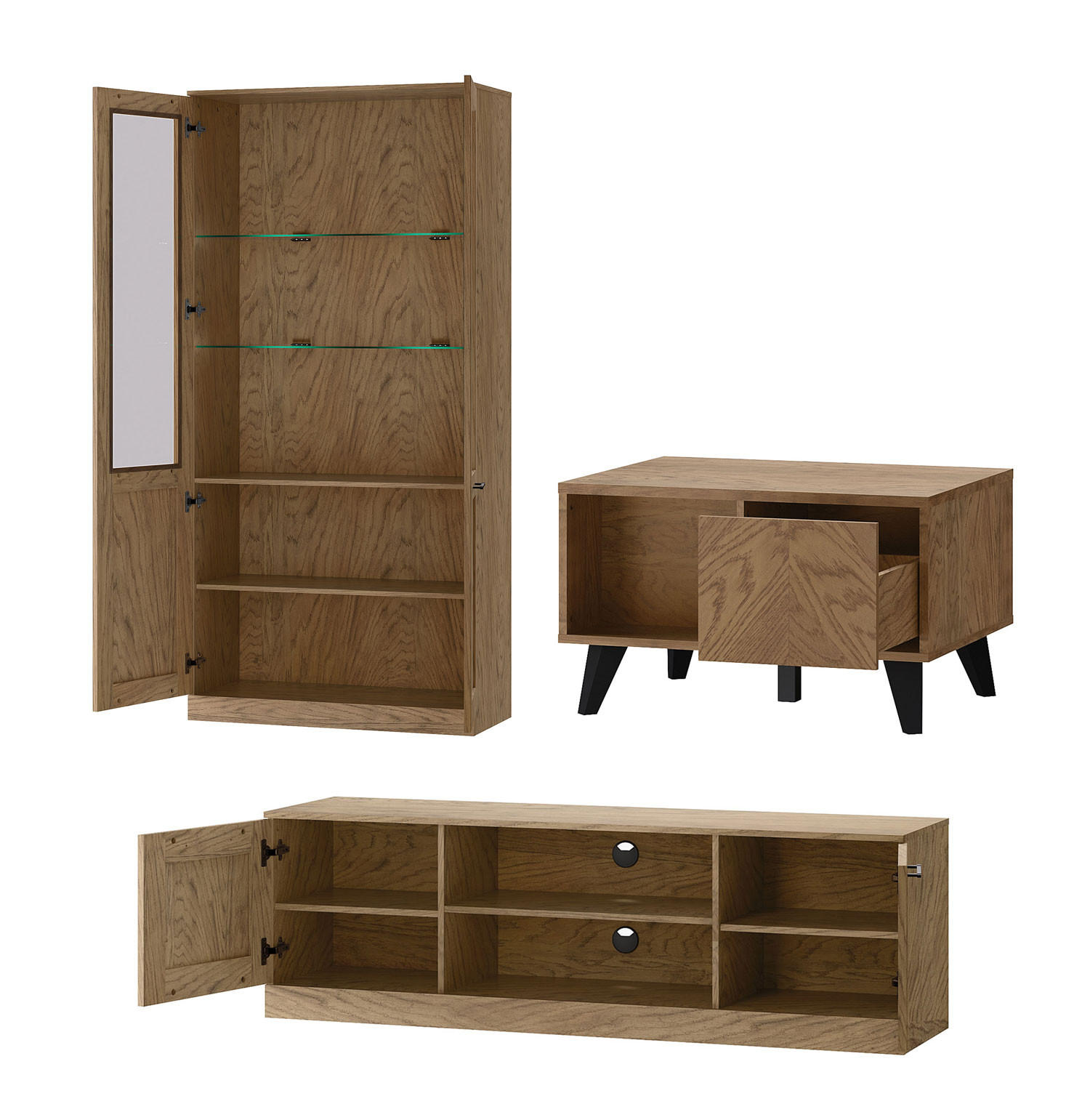 WOHNZIMMER-SET Cozy Eiche Rustikal 4-teilig - Eichefarben/Braun, Holz/Metall (255/200/60cm) - Feldmann-Wohnen