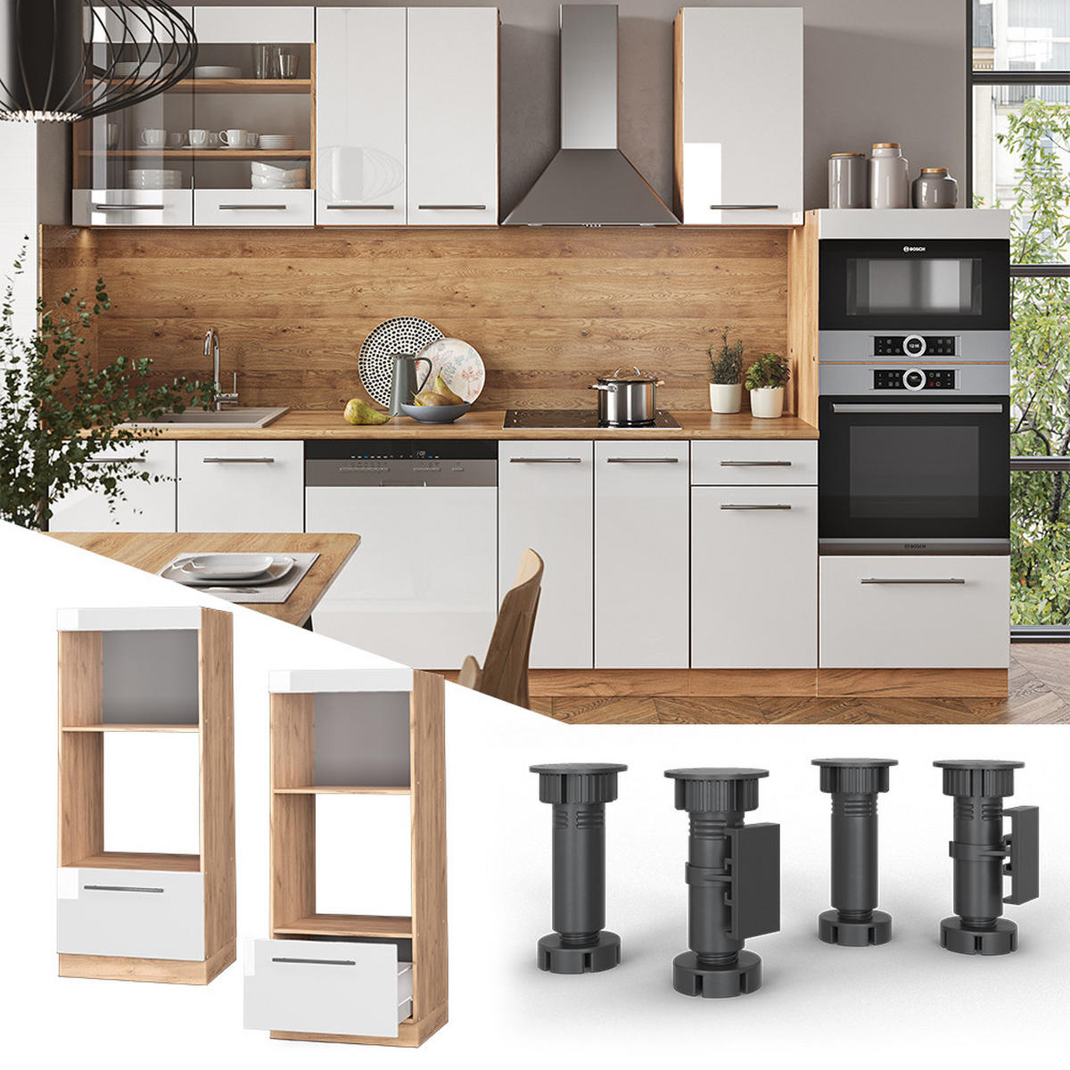 MIKROWELLENSCHRANK Fame-Line Weiß Hochglanz 60 cm offen - Honigeiche/Weiß Hochglanz, Holzwerkstoff (60/153.6/58.1cm) - Vicco