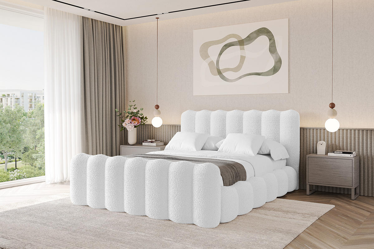POLSTERBETT mit Bettkasten, Fußteil und Lattenrost, Bett mit Matratze H3/H4 - SORA-Z 180x200 Weiß - Weiß, Holzwerkstoff/Textil (180/200cm) - ALTDECOR