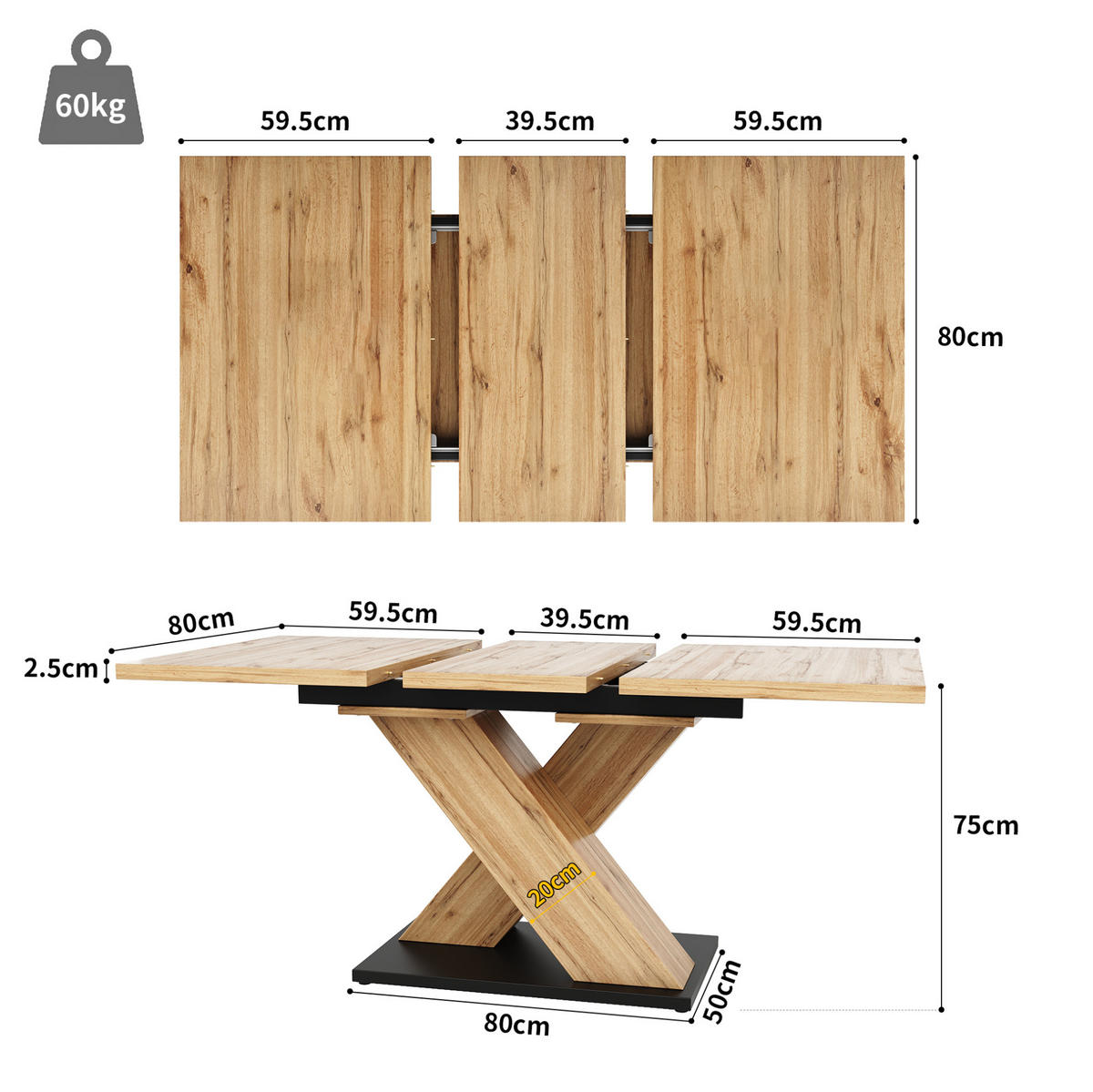ESSTISCH, MDF mit Auszug (Teleskop), 119-158,5/80/75 cm, Naturfarben - Naturfarben, Holzwerkstoff (119/80/75cm) - Redom