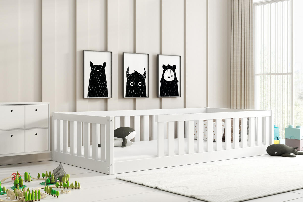 BODENBETT 90x190 cm in Weis Montessori Kinderbett aus Holz mit Rausfallschutz & Lattenrost BELLA - Weiß, Holz (90/190cm) - Interbeds