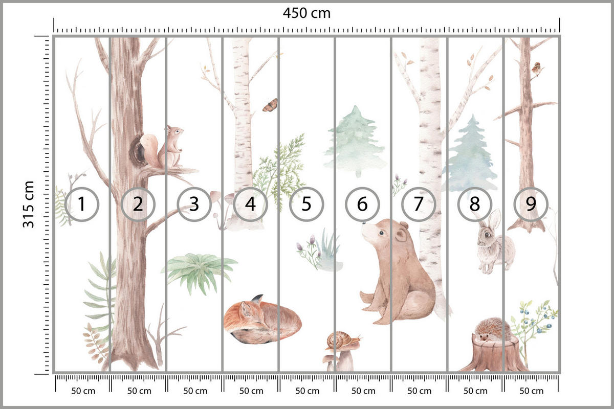 FOTOTAPETE für Kinderzimmer Wilde Waldtiere Aquarell Bäume 450x315 - Orange/Braun, Papier (450/315cm) - Muralo