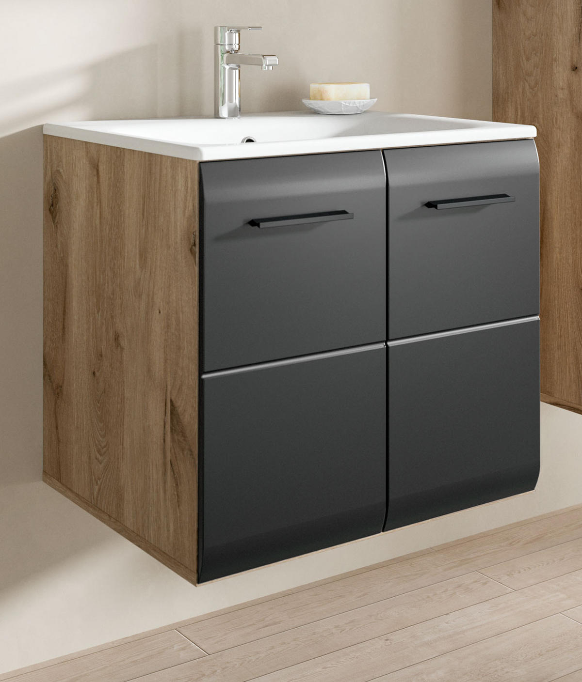 WASCHTISCH schwarz matt, Eiche Nox, Waschtischunterschrank hängend 60 cm mit Waschbecken - Eichefarben/Schwarz, Keramik/Holzwerkstoff (60/55/46cm) - Inn.Furn