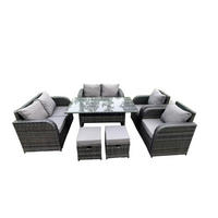 LOUNGEGARNITUR mit Fußschemel Polyrattan Dunkelgrau 8-Sitzer - Dunkelgrau/Grau, Glas/Kunststoff - Fimous