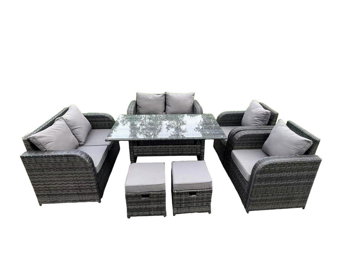 LOUNGEGARNITUR mit Fußschemel Polyrattan Dunkelgrau 8-Sitzer - Dunkelgrau/Grau, Glas/Kunststoff - Fimous