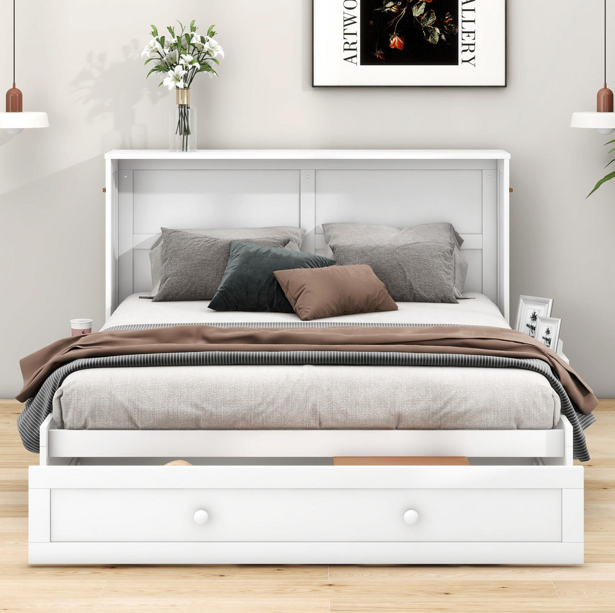 BETT 140/200 cm Weiß aus Kiefernholz und MDF mit Schublade und Regalen - Weiß, Holz (140/200cm) - OKMYHOME