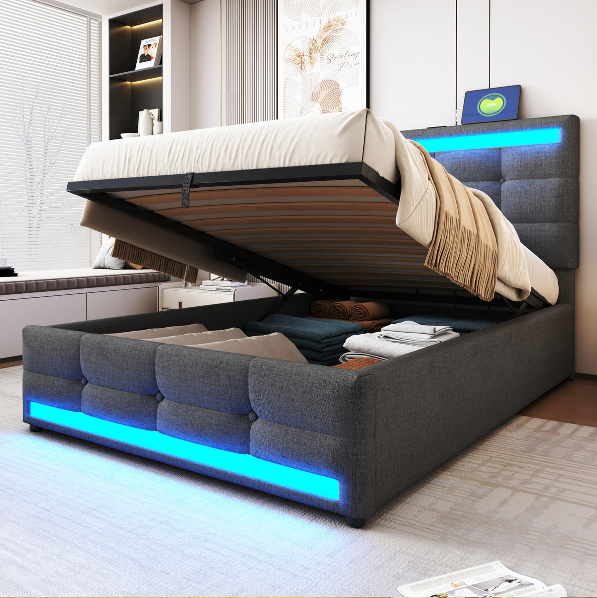 ČALÚNENÁ posteľ 90/200 cm s RGB LED osvetlením, USB portami a nastaviteľným čelom, Sivá - sivá, textil (90/200cm) - Redom