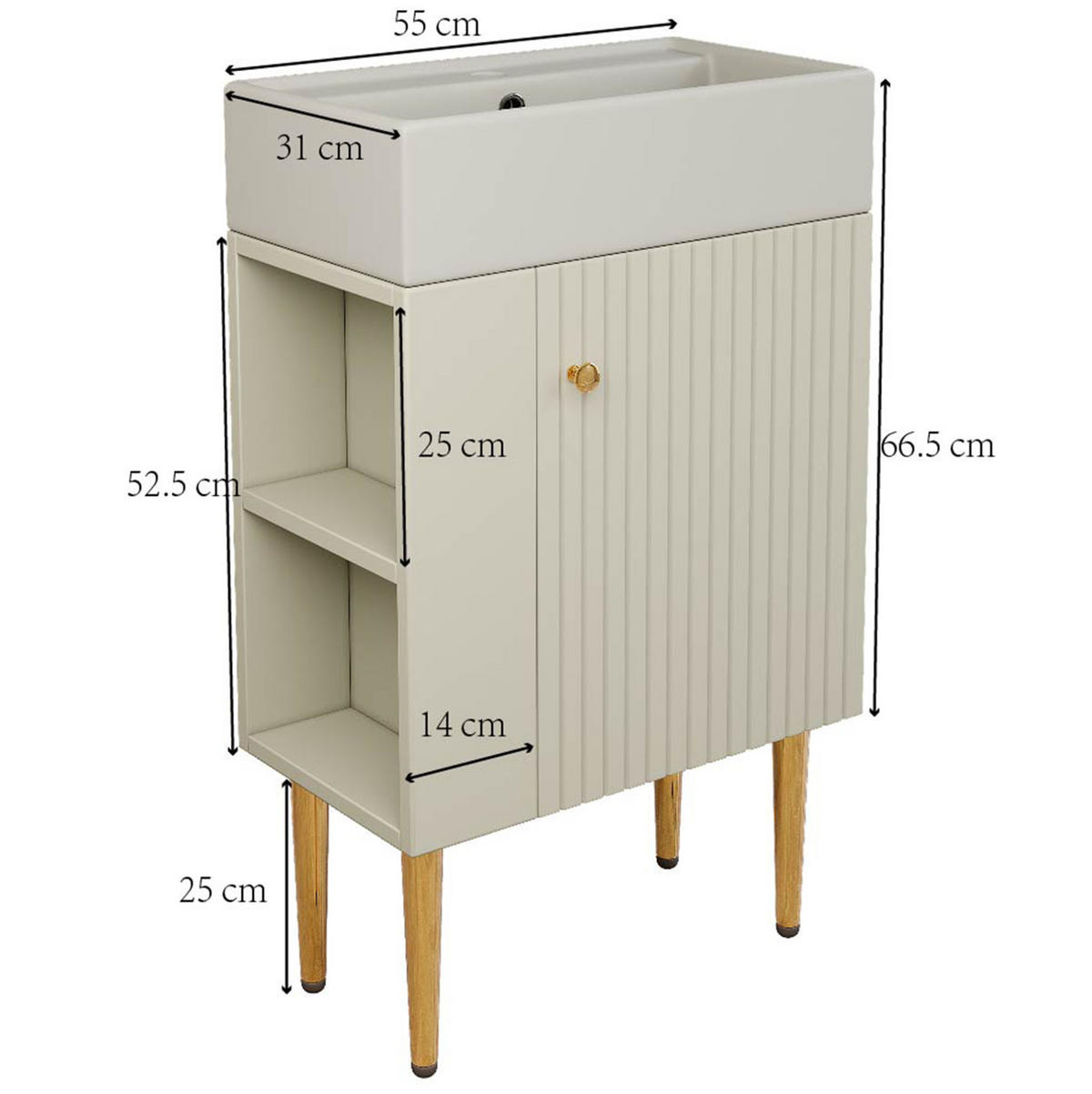 KOUPELNOVÁ skříňka s umyvadlem z MDF 55x31x91 cm bílá volně stojící s bočními policemi a 3D čelem - bílá, kompozitní dřevo (55/91.5/31cm) - Modfu