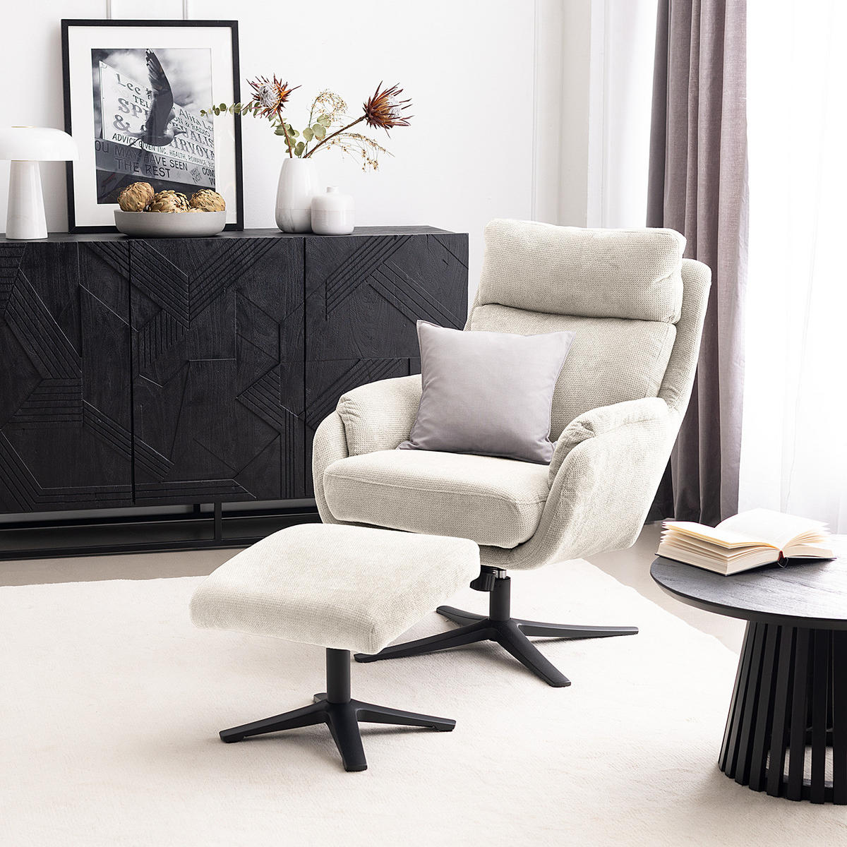 RELAXSESSEL mit Hocker - Creme/Schwarz, Textil/Metall (74/102/89cm) - home24