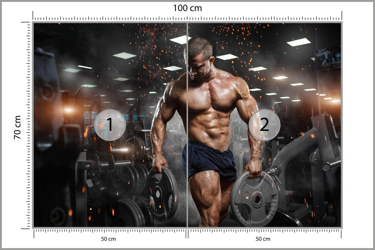 FOTOTAPETE Muskulöser Mann Gym Fitnessstudio Sport 100x70 - Beige/Schwarz, Papier (100/70cm) - Muralo