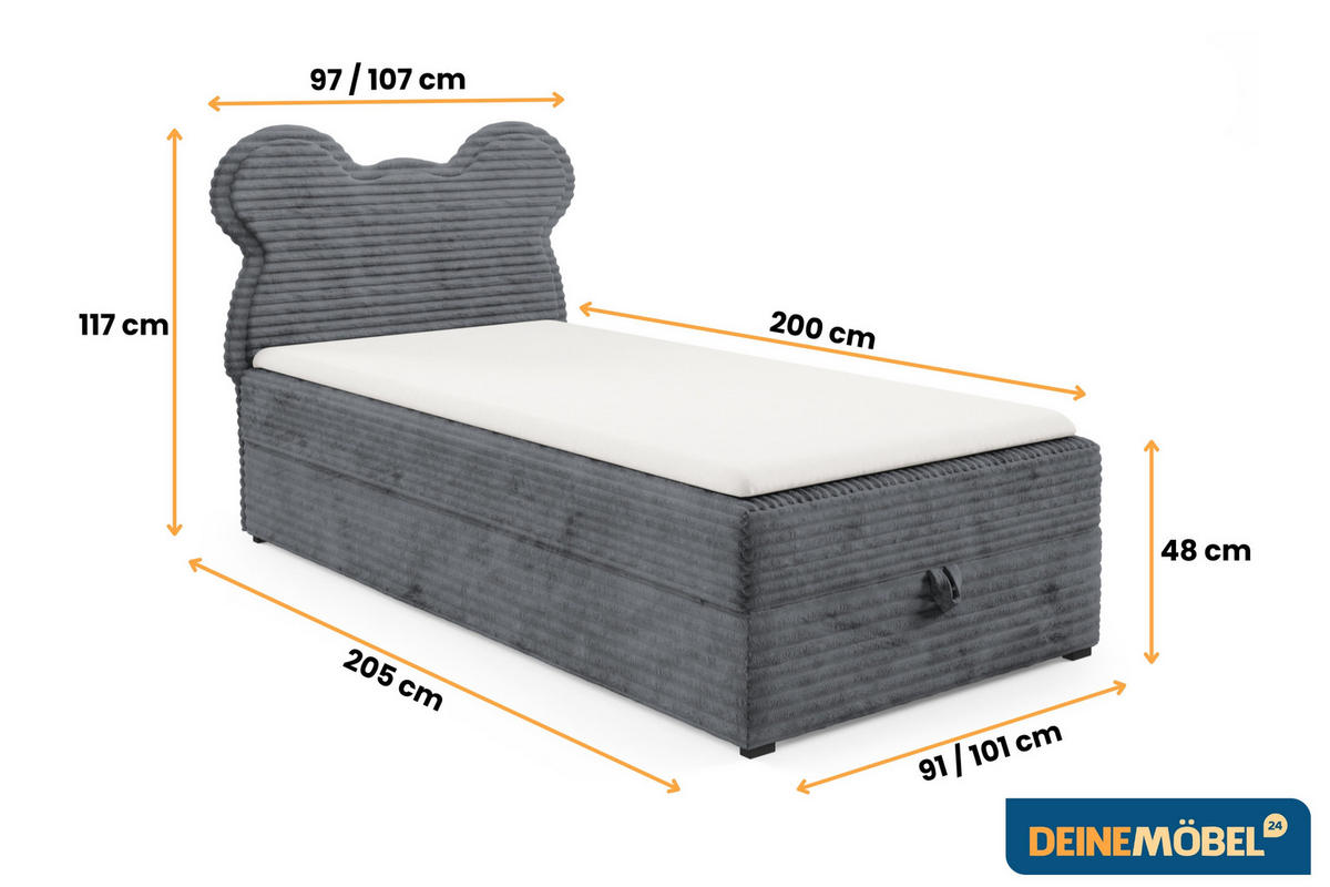 BOXBETT TEDDY 100/200 Cord-Samt Dunkelgrau H3 - Dunkelgrau, Holz/Holzwerkstoff (100/200cm) - Deine Möbel 24