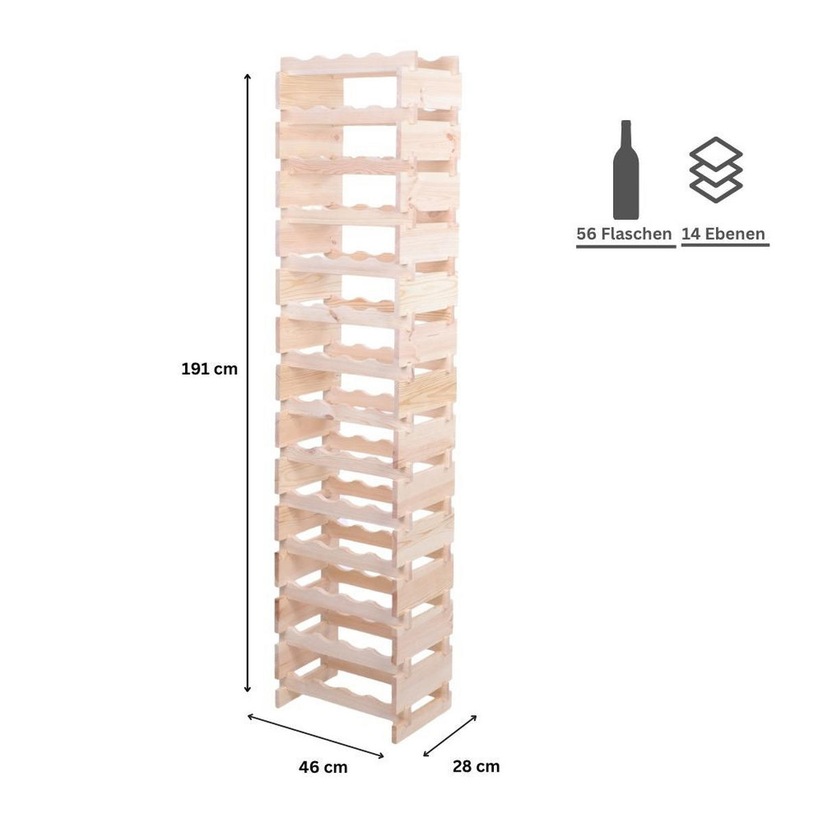 WEINREGAL VINOTECA FLEX PRO HxBxT 191x46x28cm 56 Flaschen auf 14 Ebenen Natur unbehandelt - Naturfarben, Holz (46/191/28cm) - PROREGAL